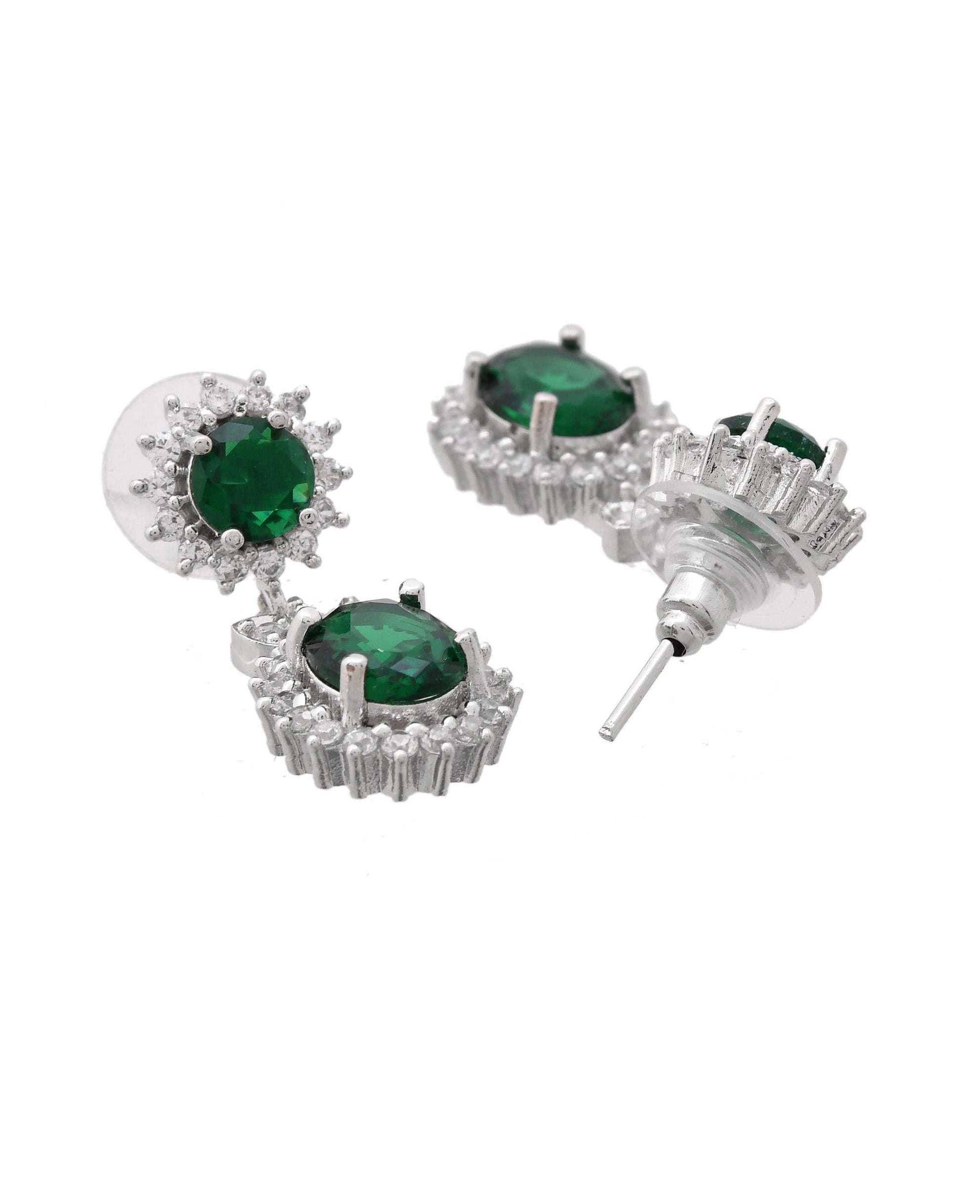 VOJ Silver Plated Green Ad Stone Studded Necklace With Earrings Set VOJ (Valley Of Jewellery)
