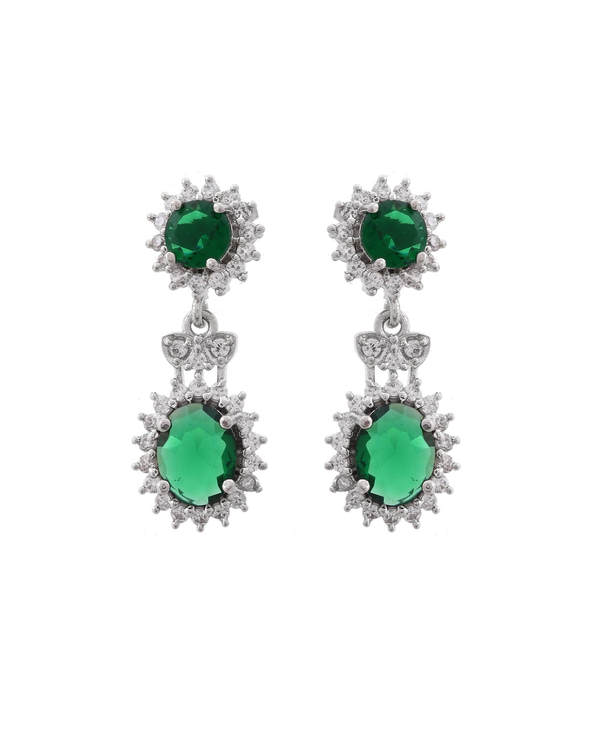 VOJ Silver Plated Green Ad Stone Studded Necklace With Earrings Set VOJ (Valley Of Jewellery)