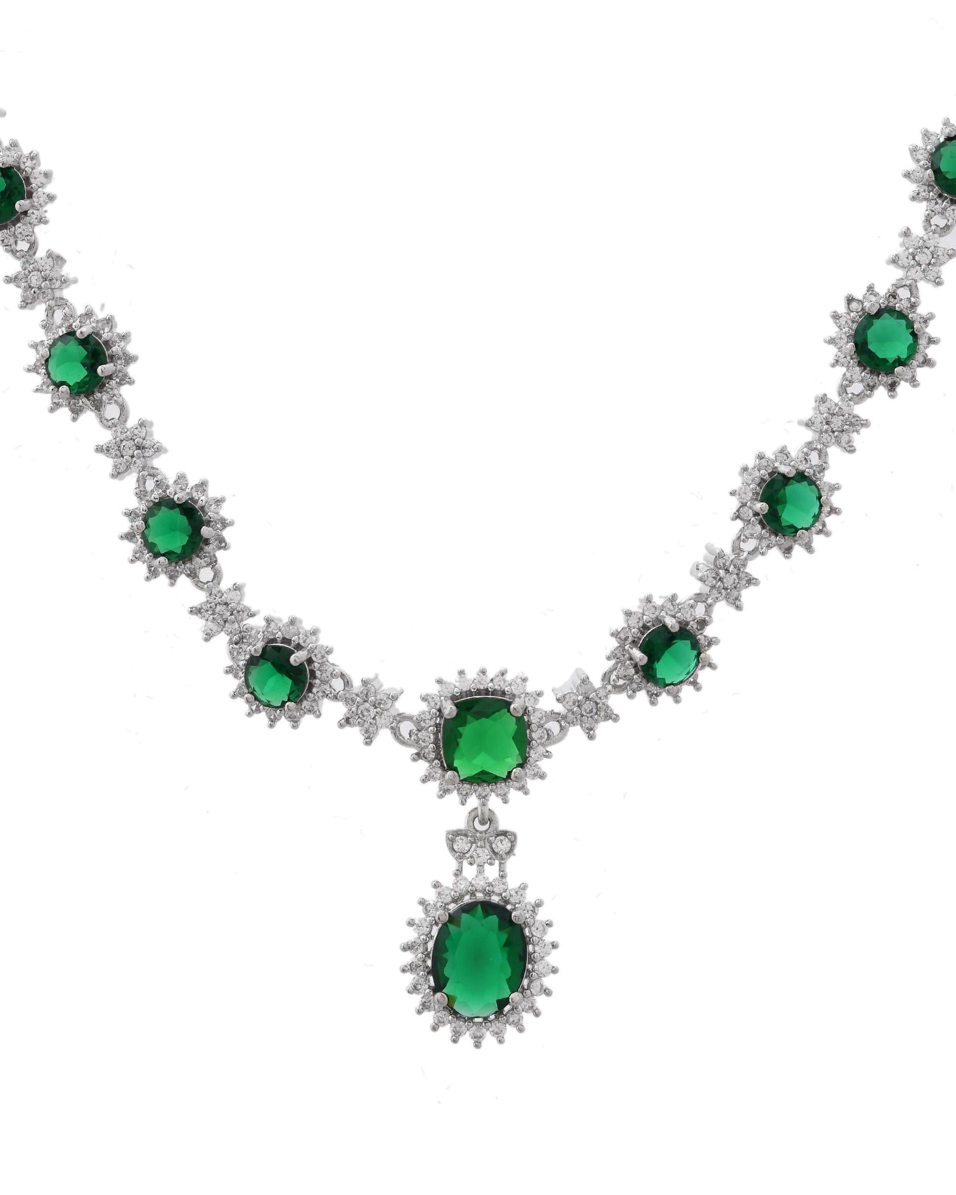 VOJ Silver Plated Green Ad Stone Studded Necklace With Earrings Set VOJ (Valley Of Jewellery)