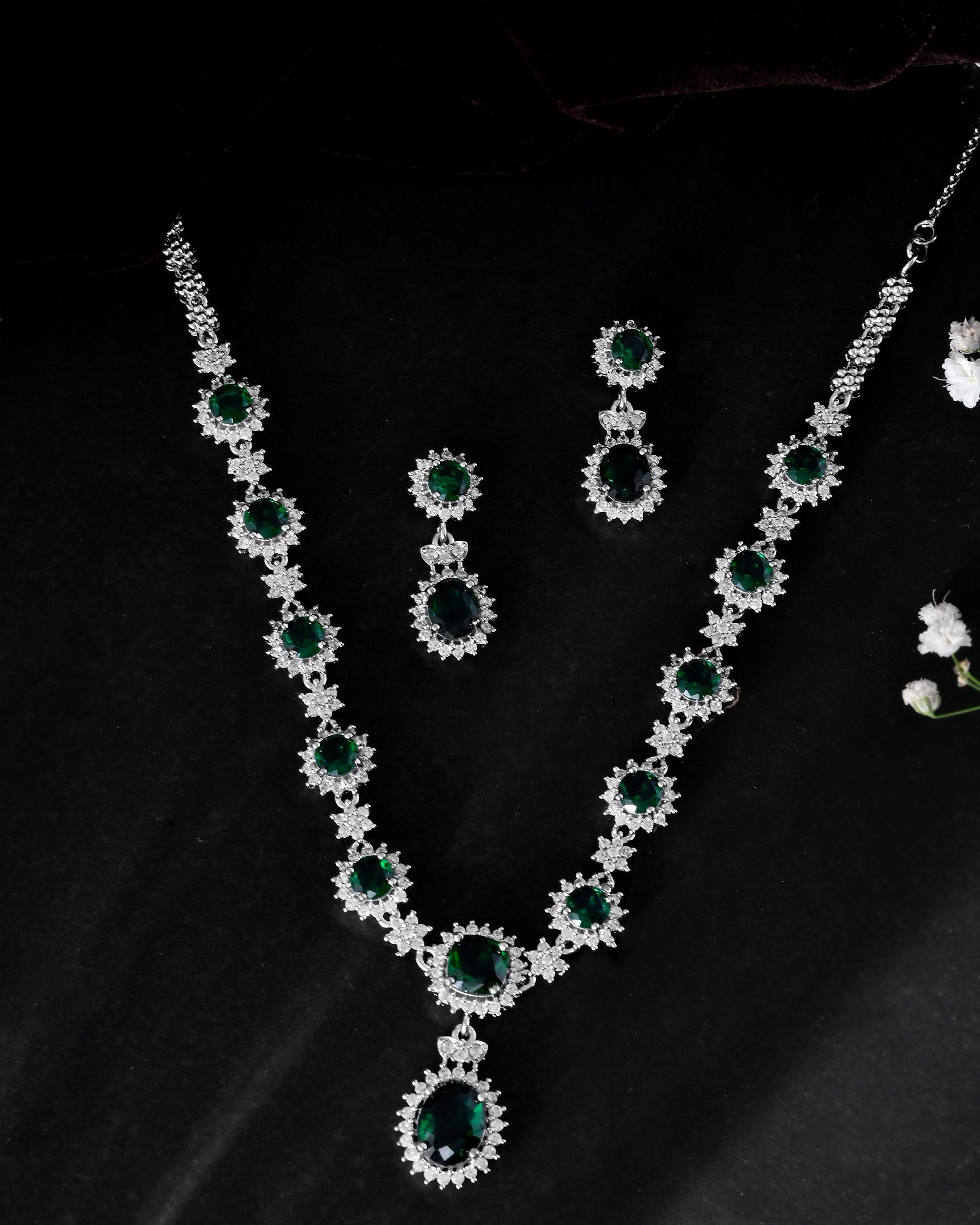 VOJ Silver Plated Green Ad Stone Studded Necklace With Earrings Set VOJ (Valley Of Jewellery)