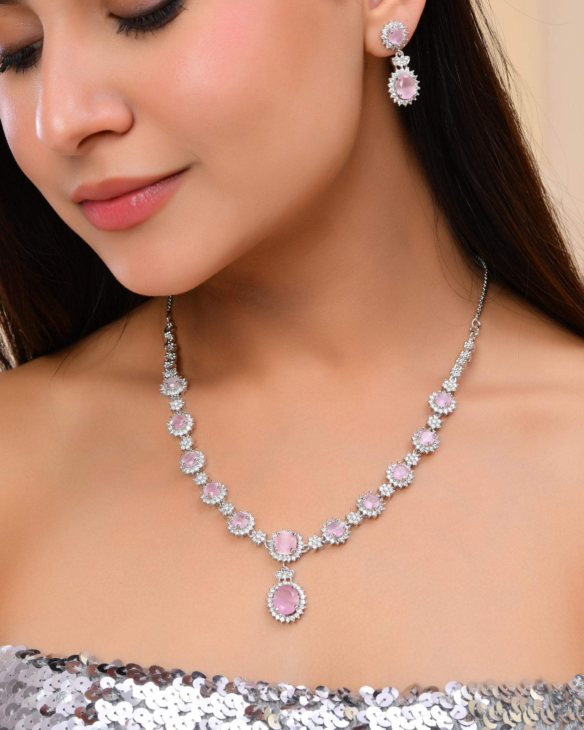 VOJ Baby Pink Ad Stone Studded Silver Plated Jewellery Set VOJ (Valley Of Jewellery)