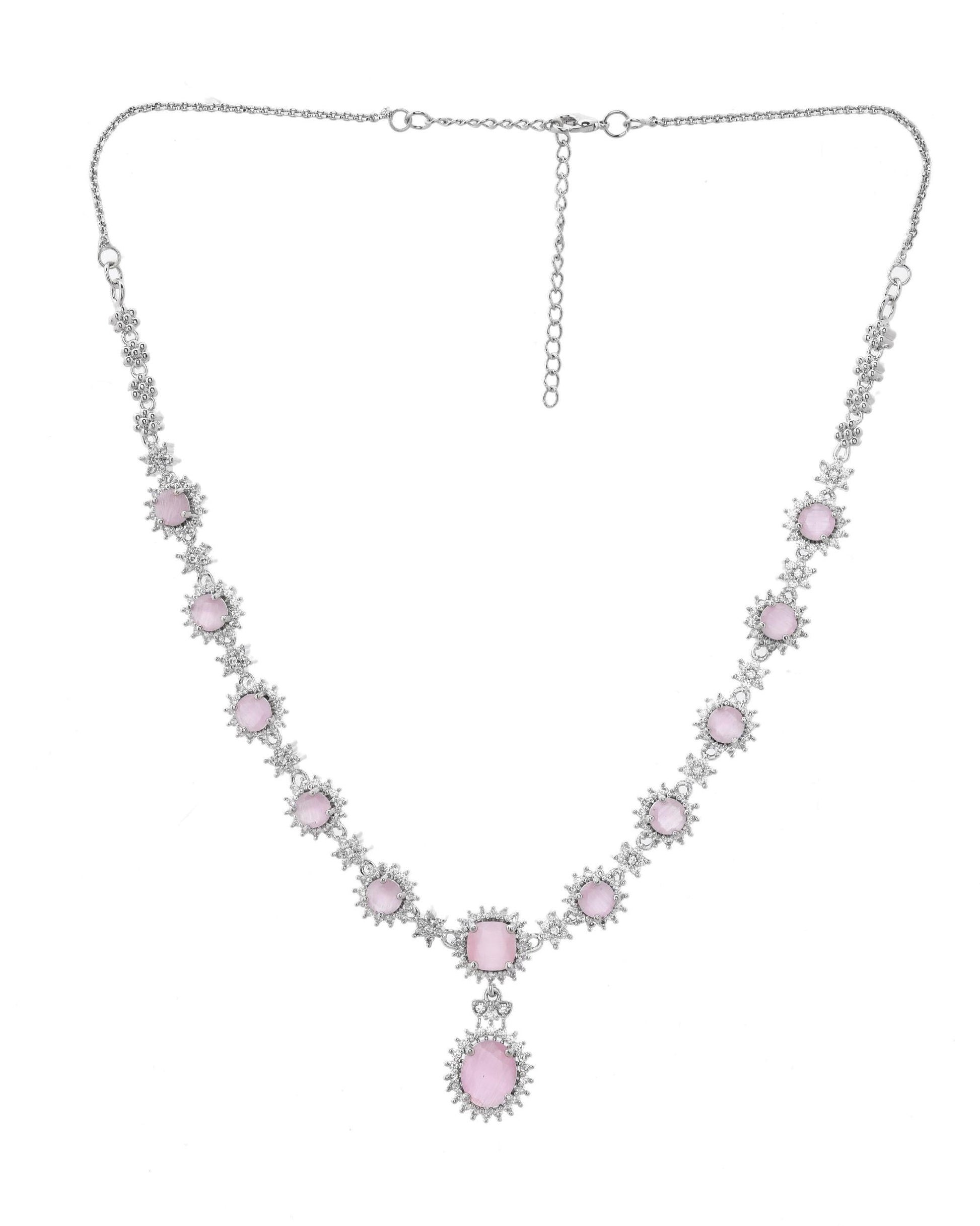 VOJ Baby Pink Ad Stone Studded Silver Plated Jewellery Set VOJ (Valley Of Jewellery)