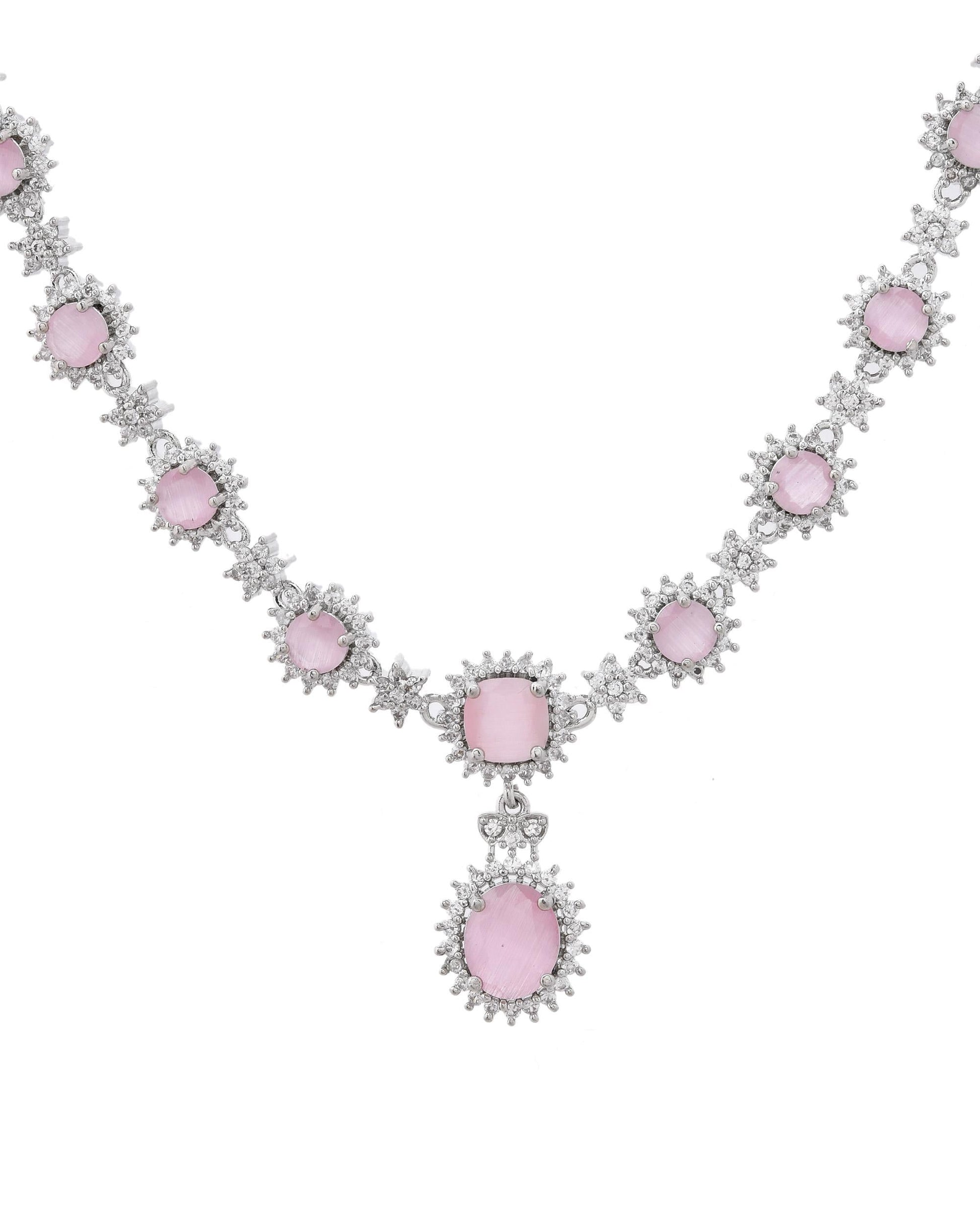 VOJ Baby Pink Ad Stone Studded Silver Plated Jewellery Set VOJ (Valley Of Jewellery)