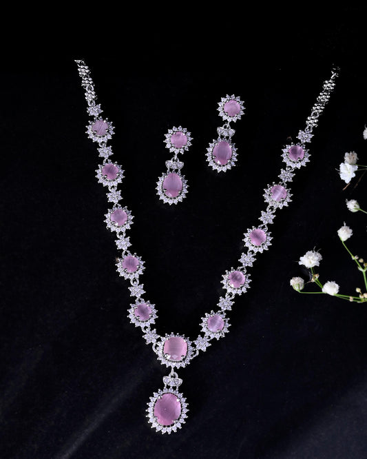 VOJ Baby Pink Ad Stone Studded Silver Plated Jewellery Set VOJ (Valley Of Jewellery)