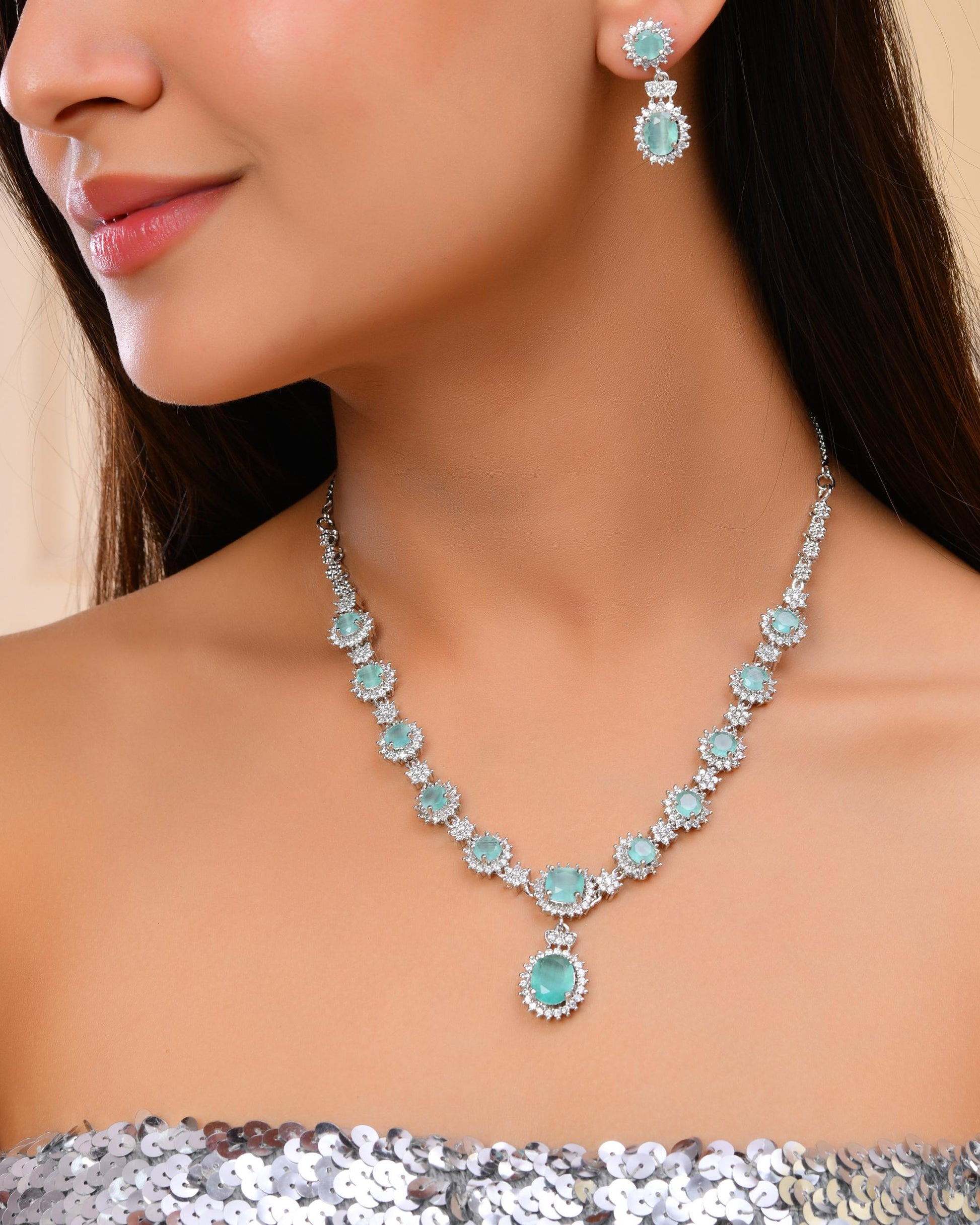 VOJ Silver Plated Sea Green Ad Studded Designer Jewellery Set VOJ (Valley Of Jewellery)