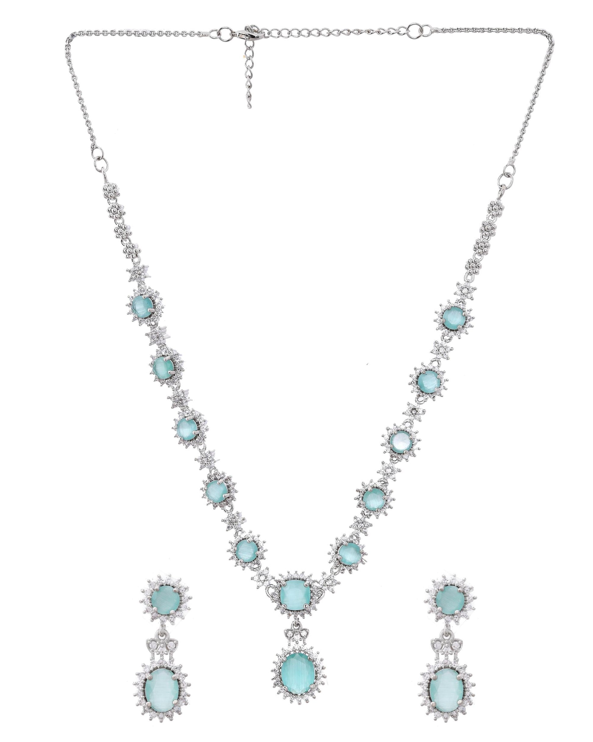 VOJ Silver Plated Sea Green Ad Studded Designer Jewellery Set VOJ (Valley Of Jewellery)