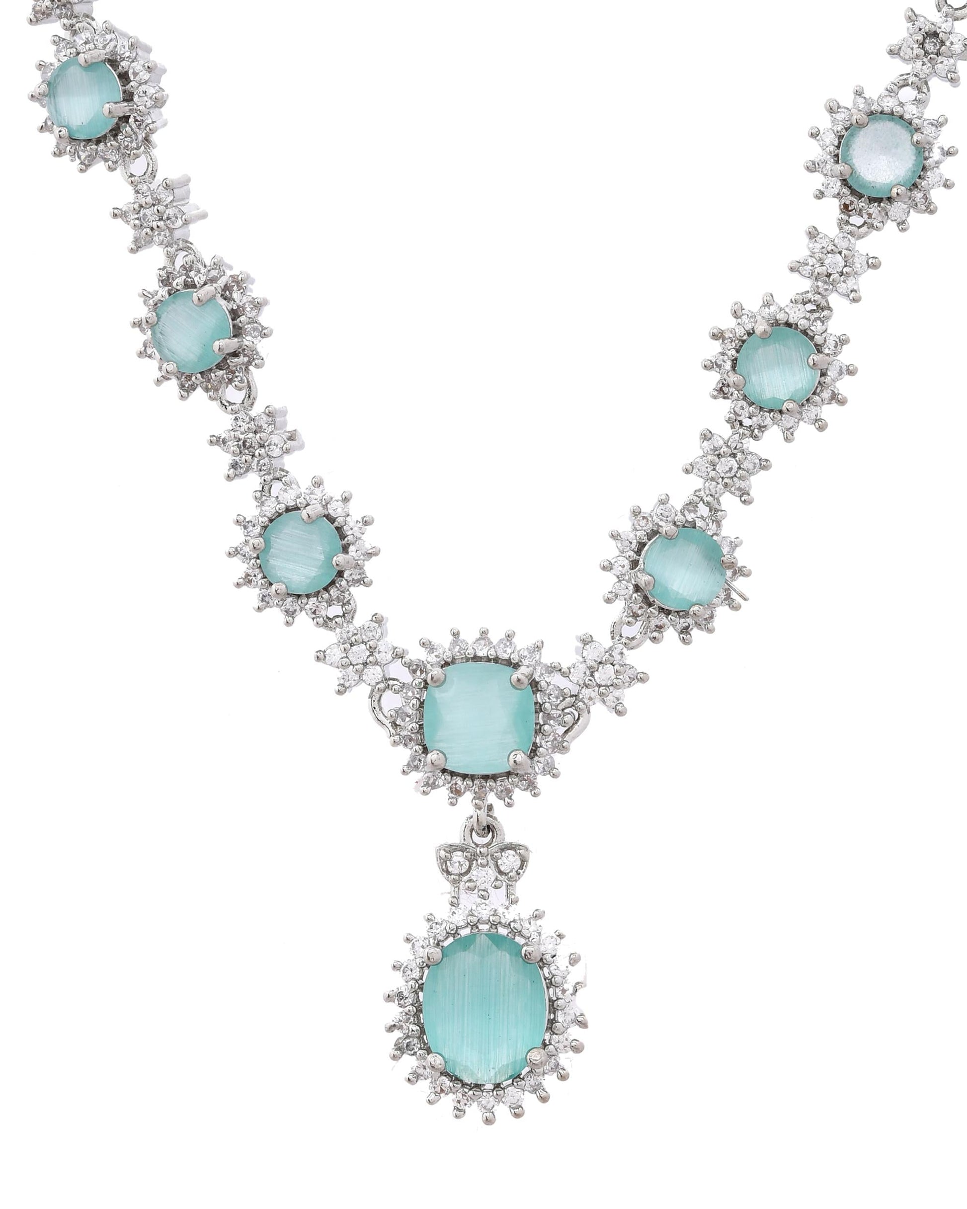 VOJ Silver Plated Sea Green Ad Studded Designer Jewellery Set VOJ (Valley Of Jewellery)