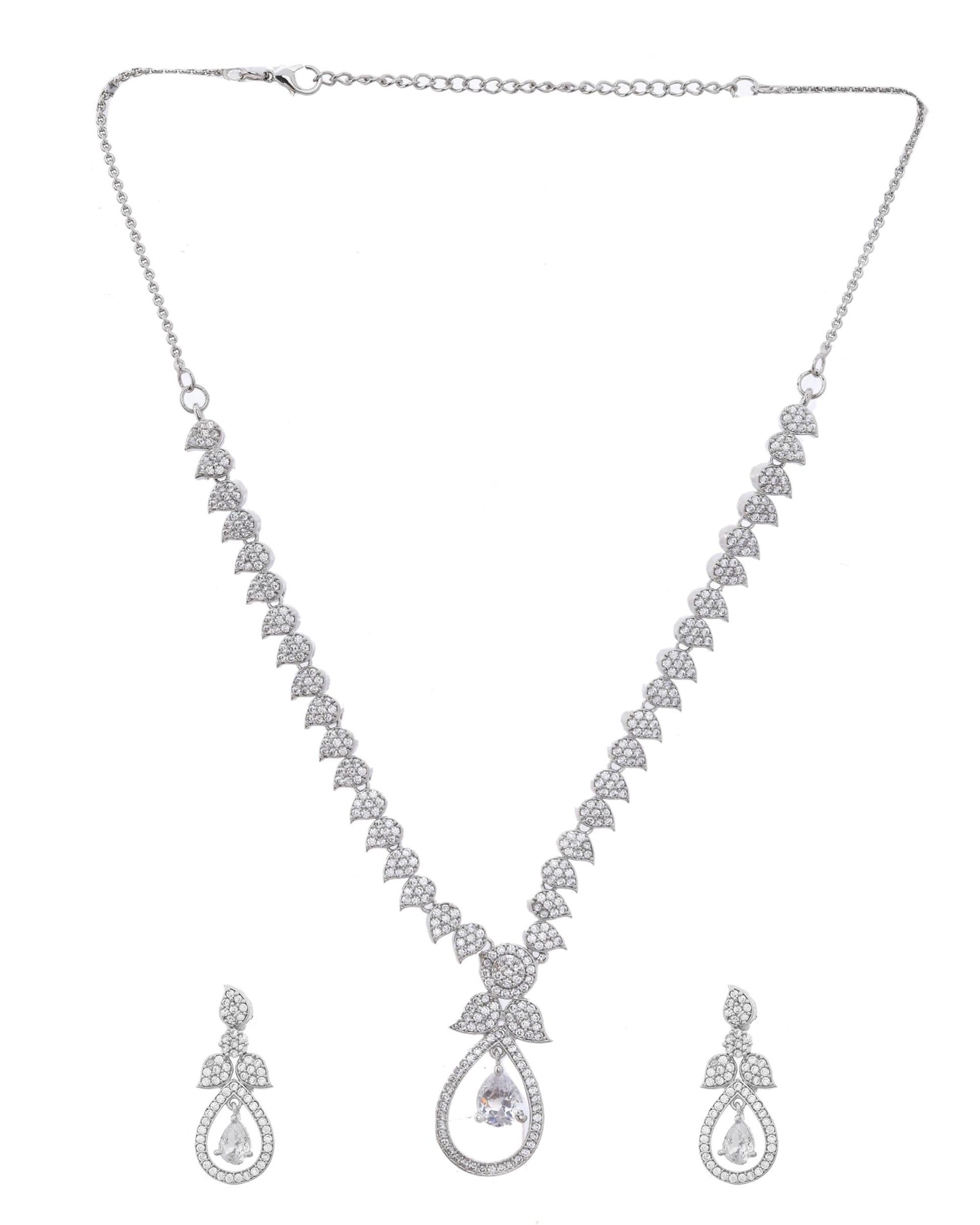 VOJ Silver Plated Ad Studded Designer Necklace With Earrings Set VOJ (Valley Of Jewellery)