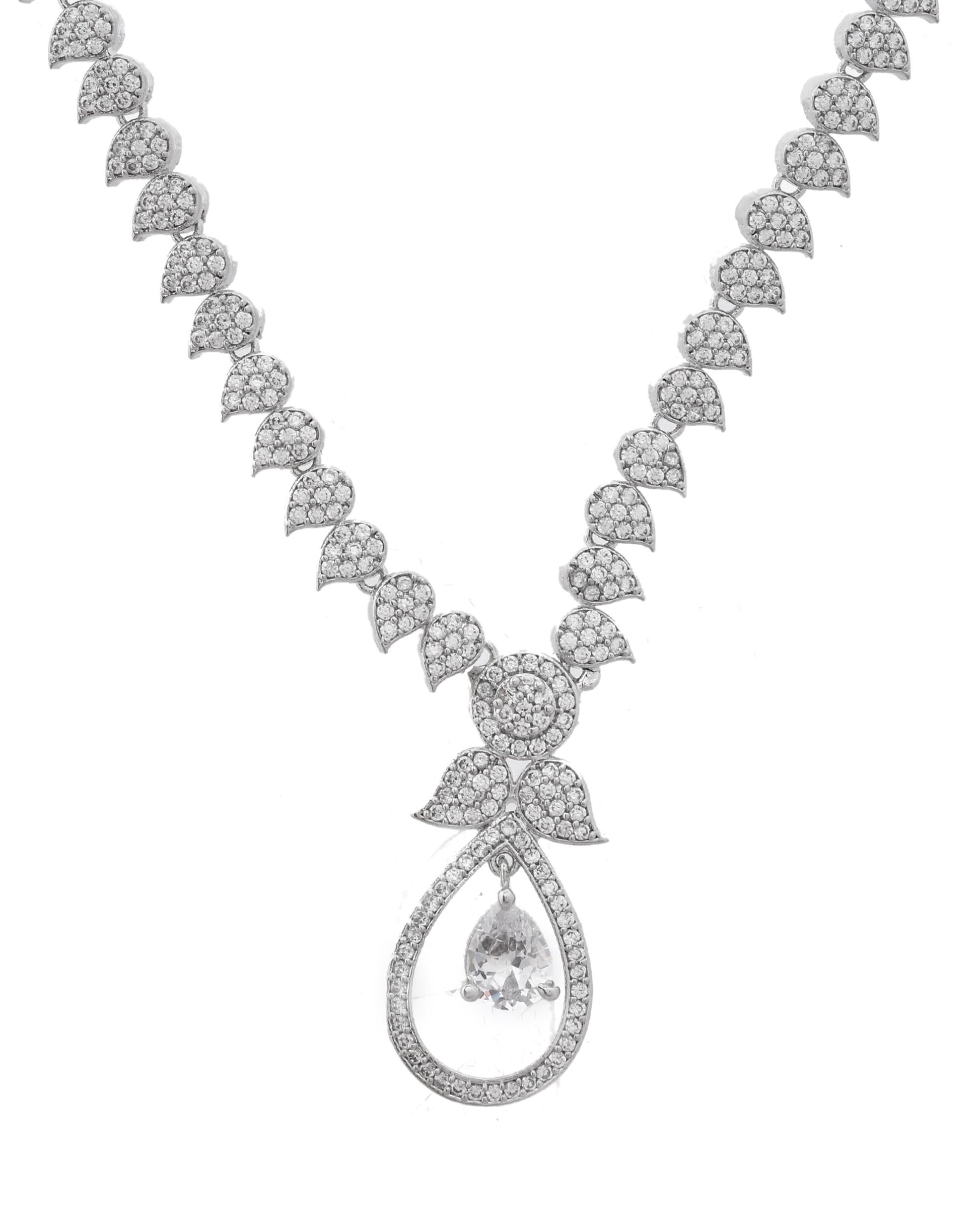 VOJ Silver Plated Ad Studded Designer Necklace With Earrings Set VOJ (Valley Of Jewellery)
