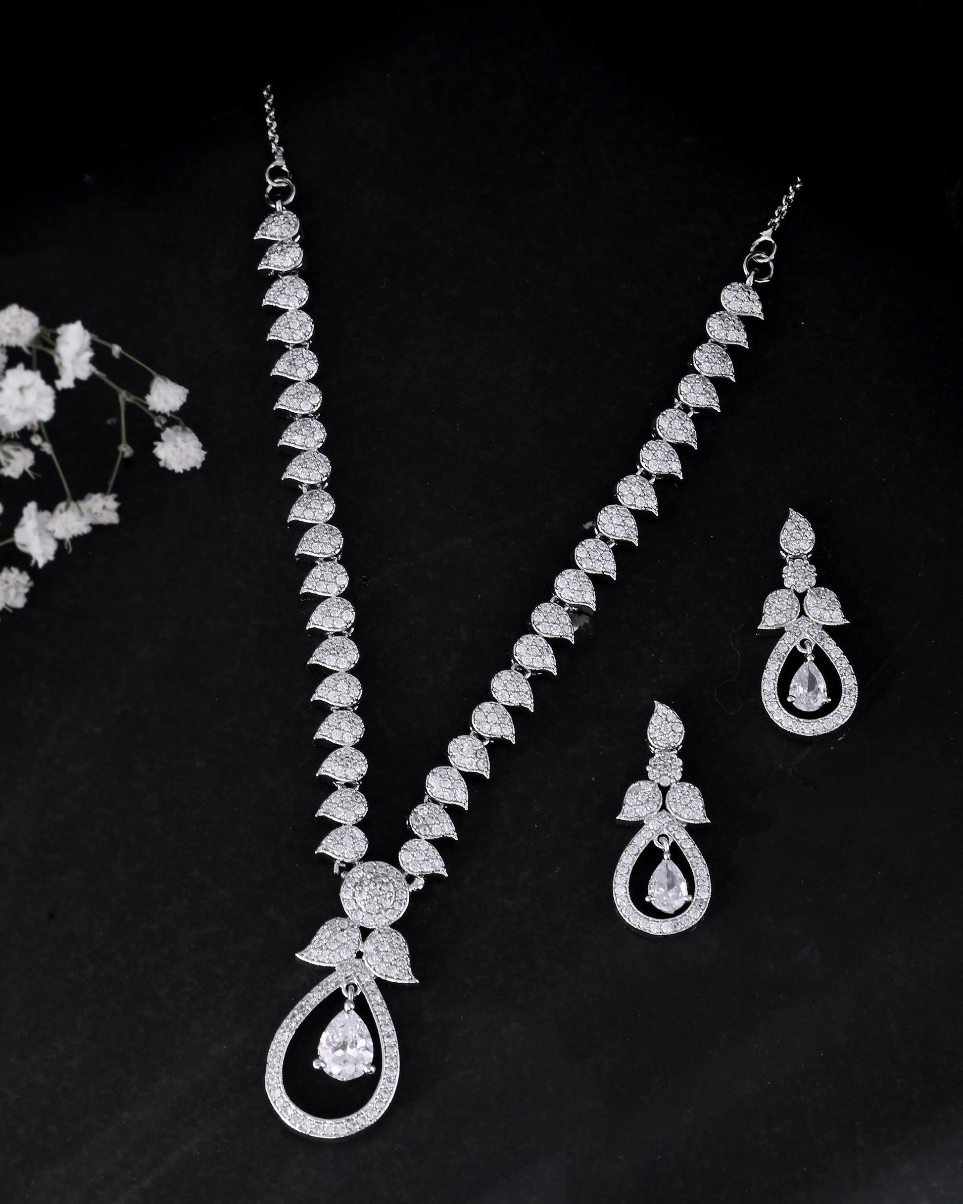 VOJ Silver Plated Ad Studded Designer Necklace With Earrings Set VOJ (Valley Of Jewellery)