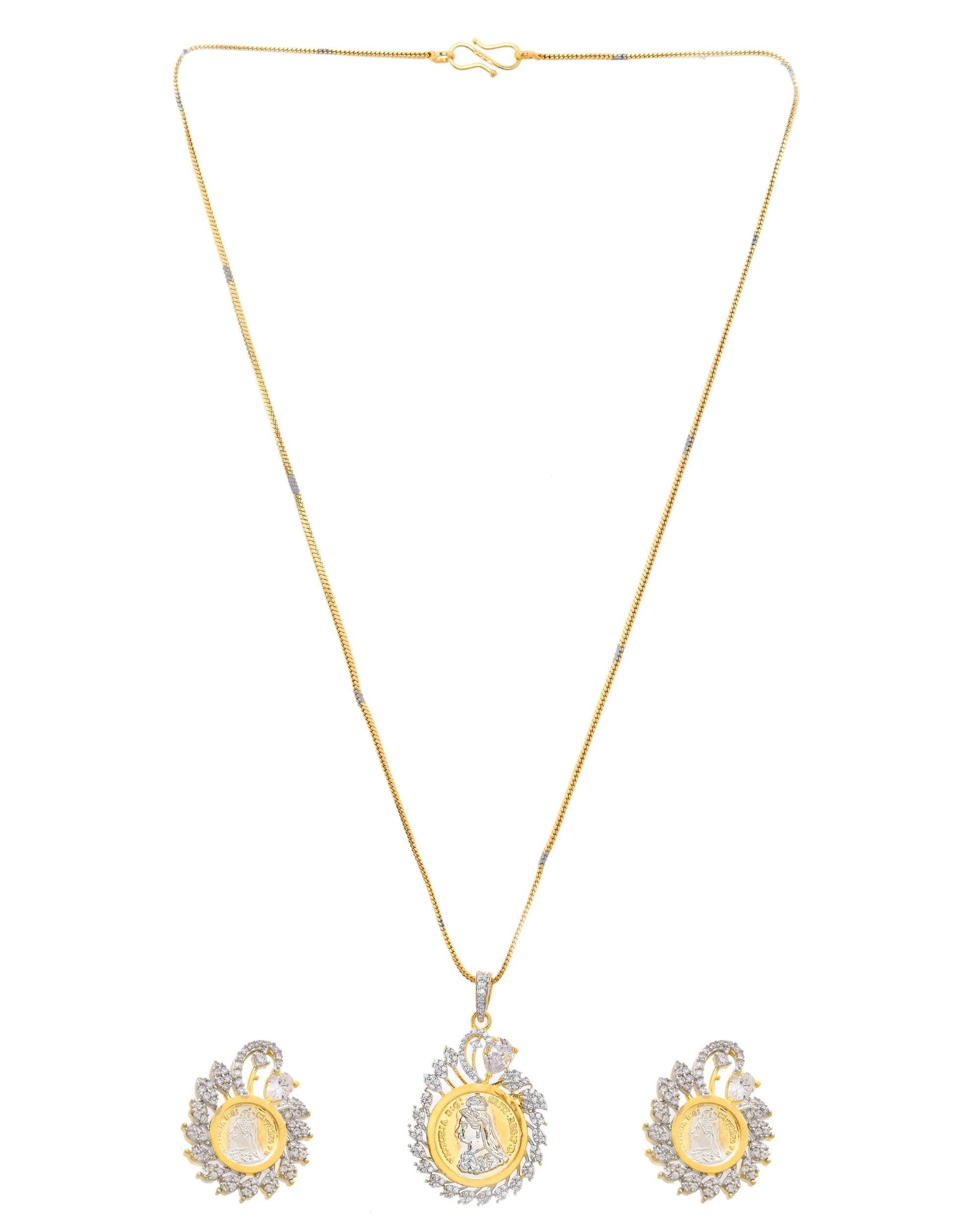 VOJ Dual Toned Ad-Studded Pendant With Chain And Earrings Set VOJ (Valley Of Jewellery)