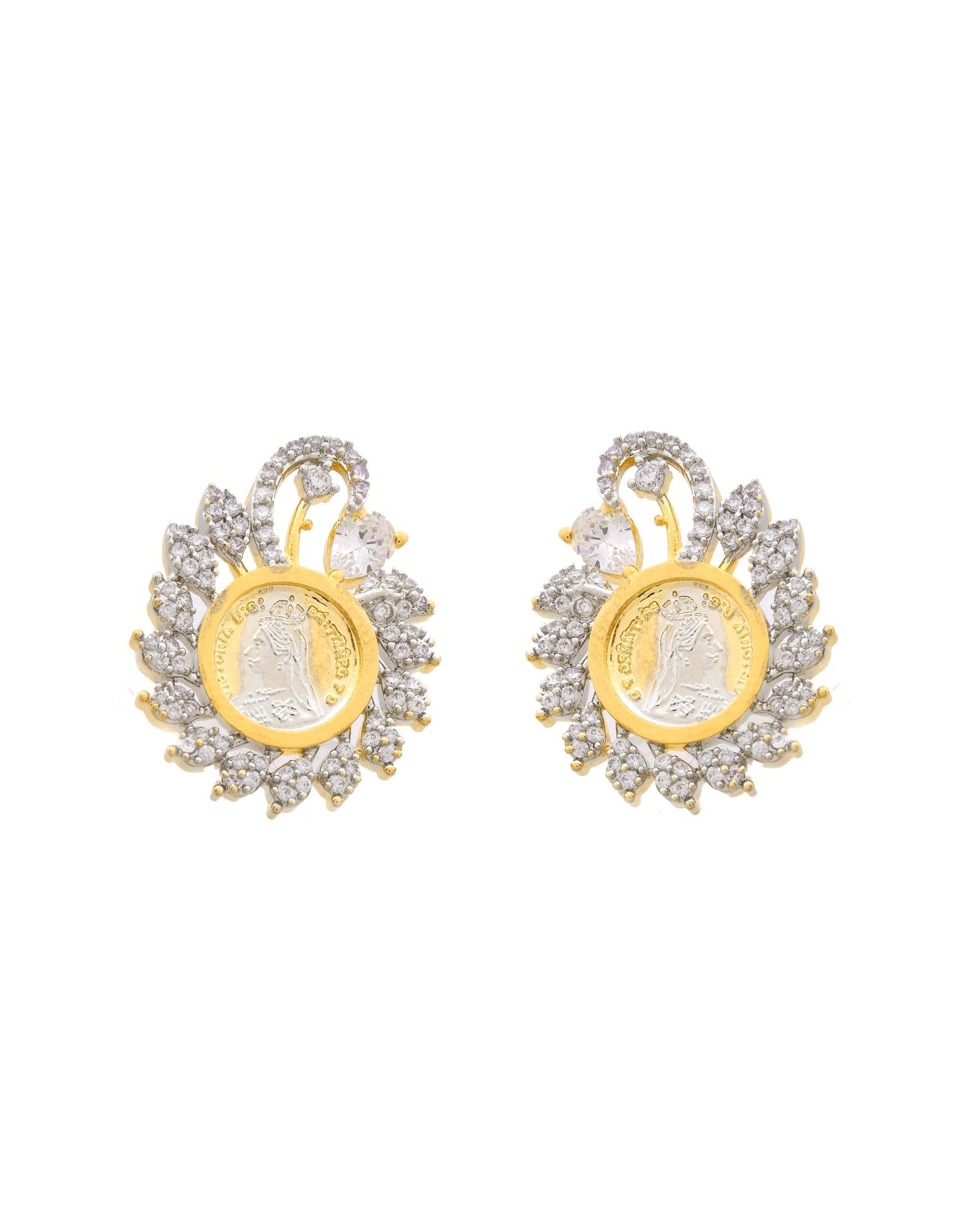 VOJ Dual Toned Ad-Studded Pendant With Chain And Earrings Set VOJ (Valley Of Jewellery)