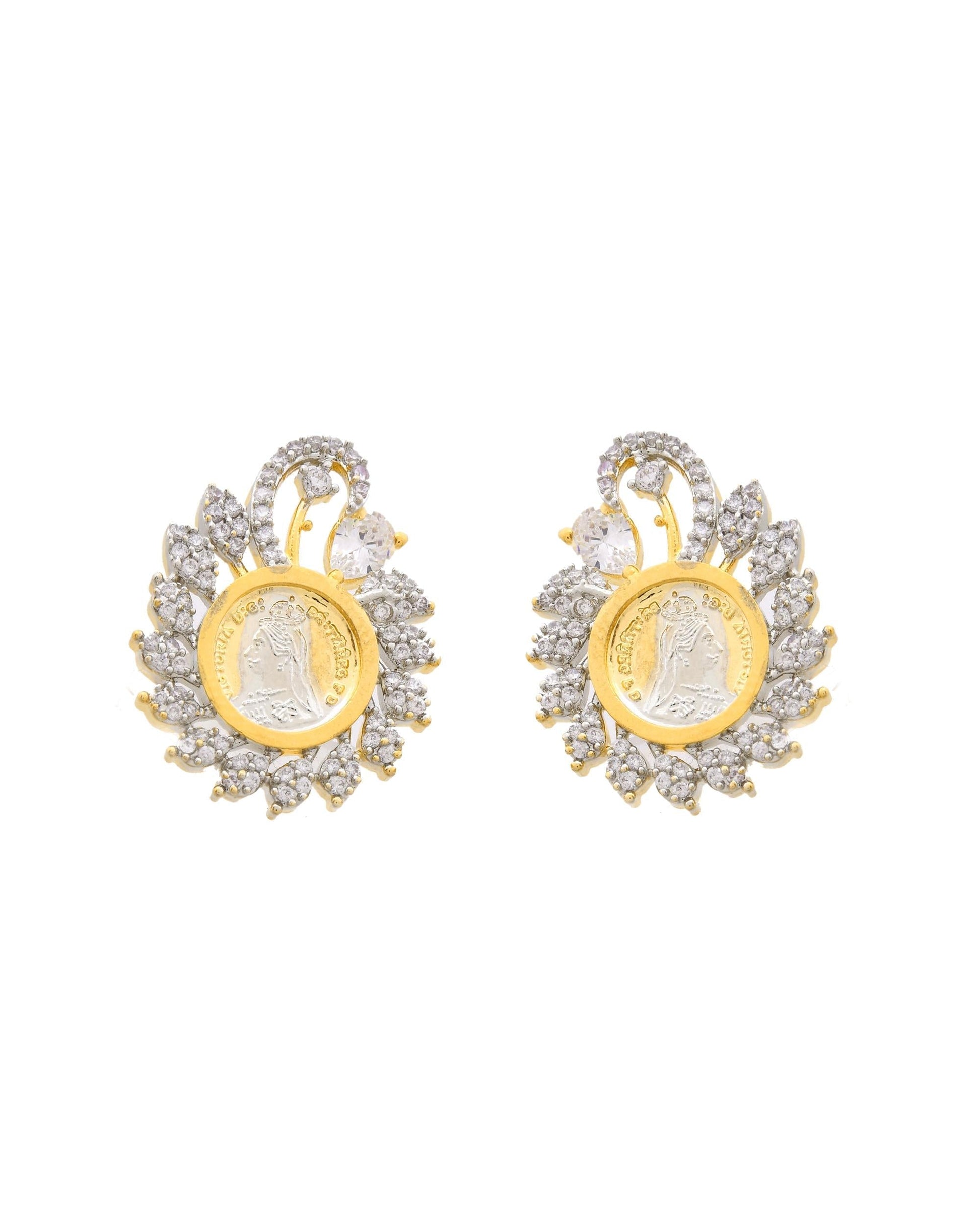 VOJ Dual Toned Ad-Studded Pendant With Chain And Earrings Set - Swadesiicart