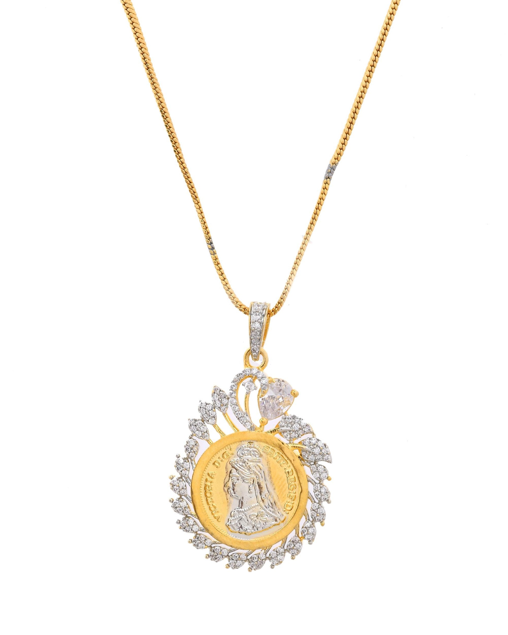 VOJ Dual Toned Ad-Studded Pendant With Chain And Earrings Set VOJ (Valley Of Jewellery)