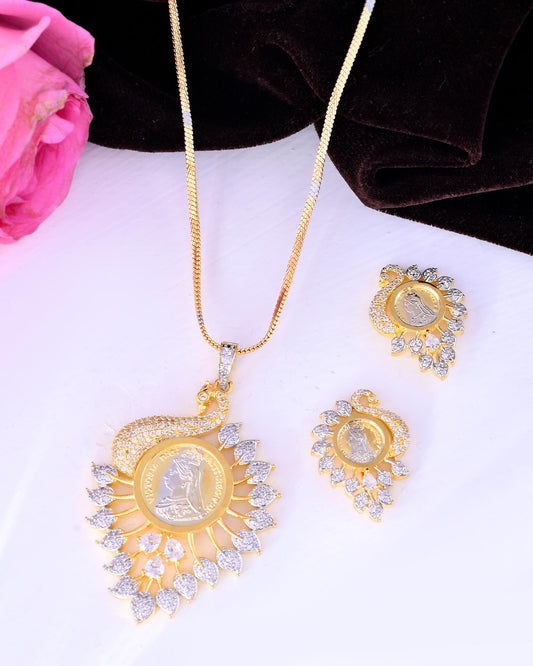 VOJ Dual Toned Ad-Studded Peacock Shaped Chain Set VOJ (Valley Of Jewellery)