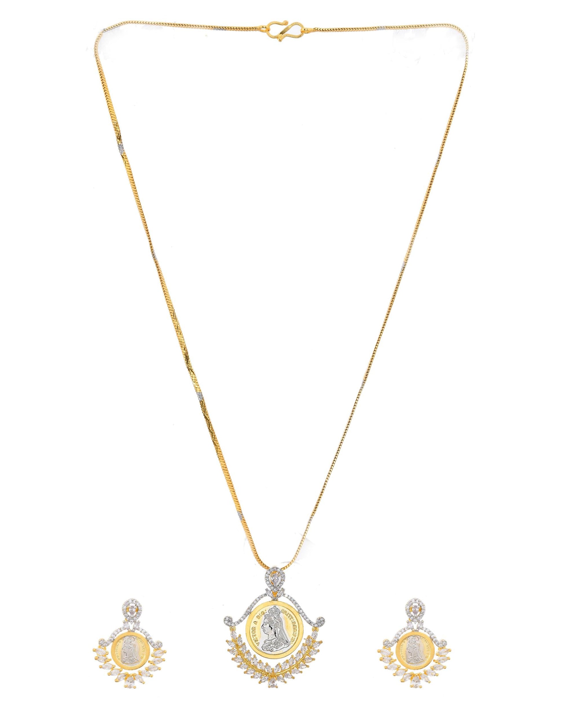 VOJ Dual Toned Ad-Studded Designer Pendant With Chain And Earrings Set VOJ (Valley Of Jewellery)