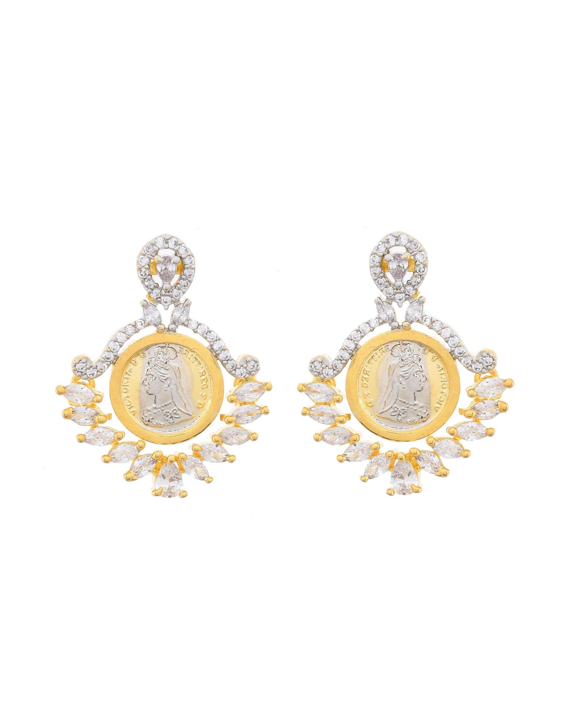 VOJ Dual Toned Ad-Studded Designer Pendant With Chain And Earrings Set VOJ (Valley Of Jewellery)