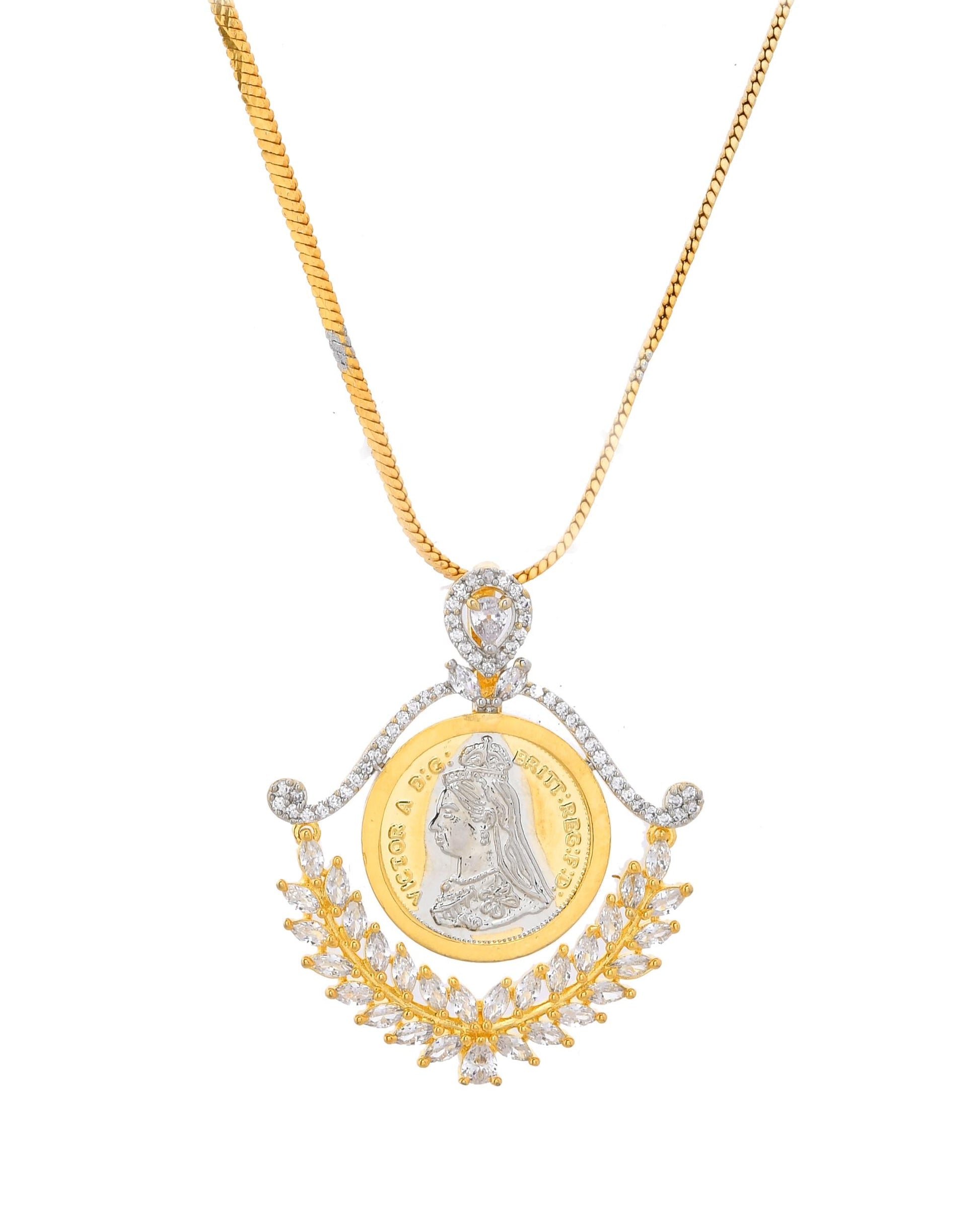 VOJ Dual Toned Ad-Studded Designer Pendant With Chain And Earrings Set VOJ (Valley Of Jewellery)