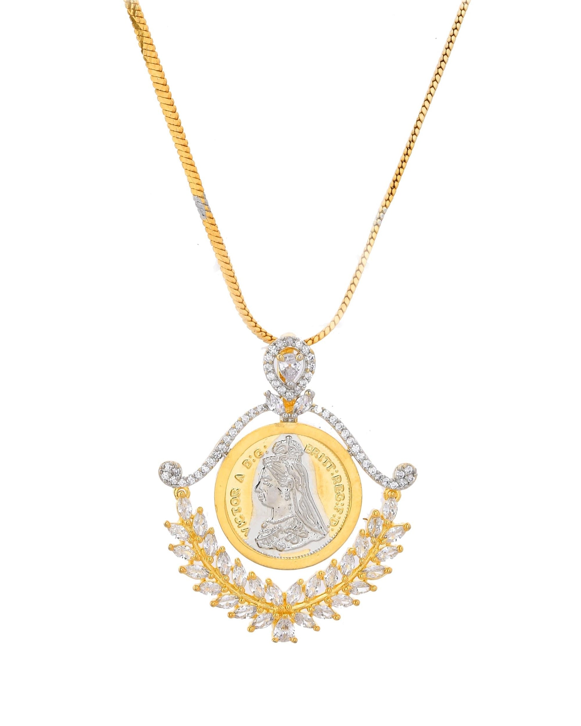 VOJ Dual Toned Ad-Studded Designer Pendant With Chain And Earrings Set - Swadesiicart