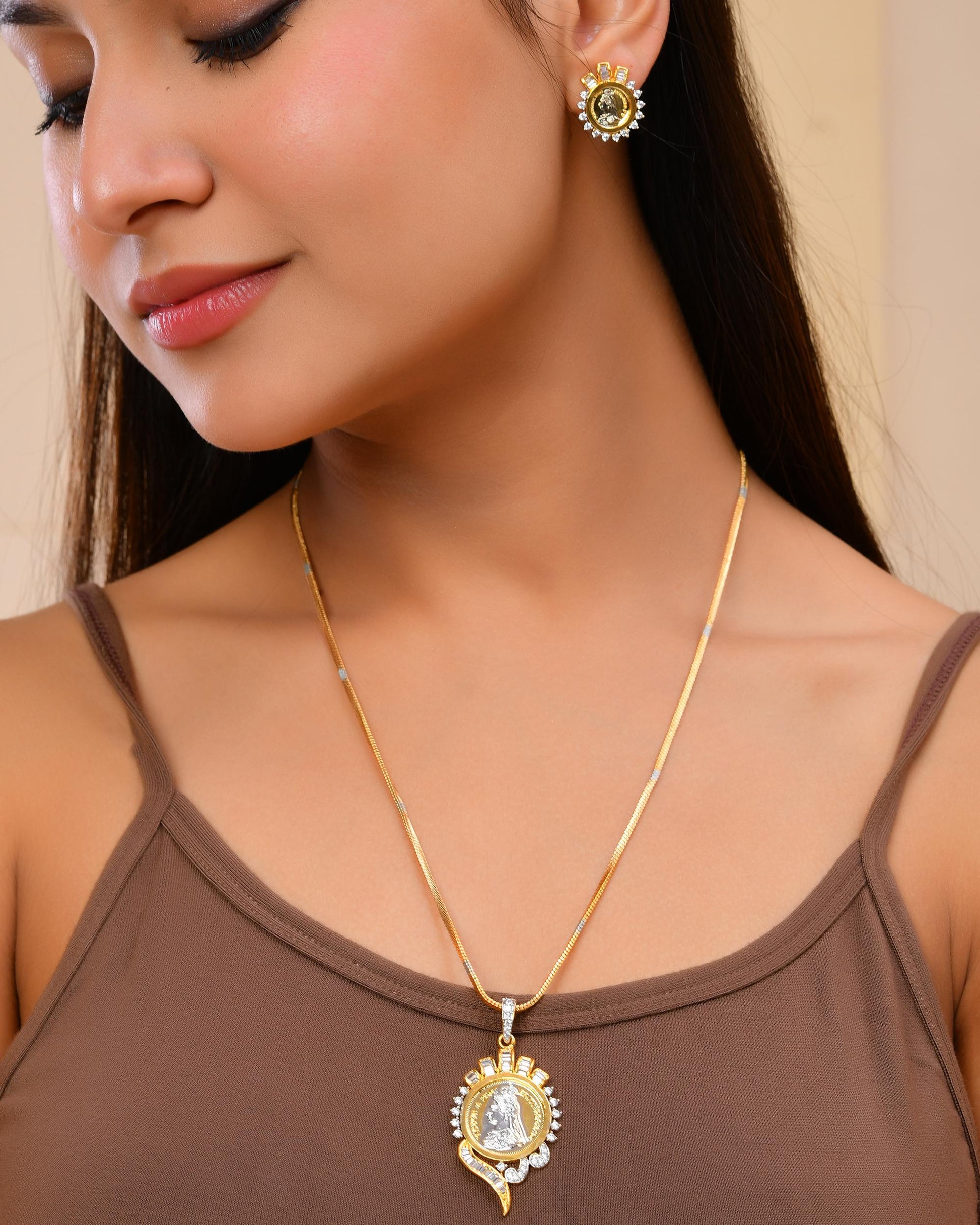 VOJ Dual Toned Ad-Studded Gold-Polished Coin Chain Set VOJ (Valley Of Jewellery)