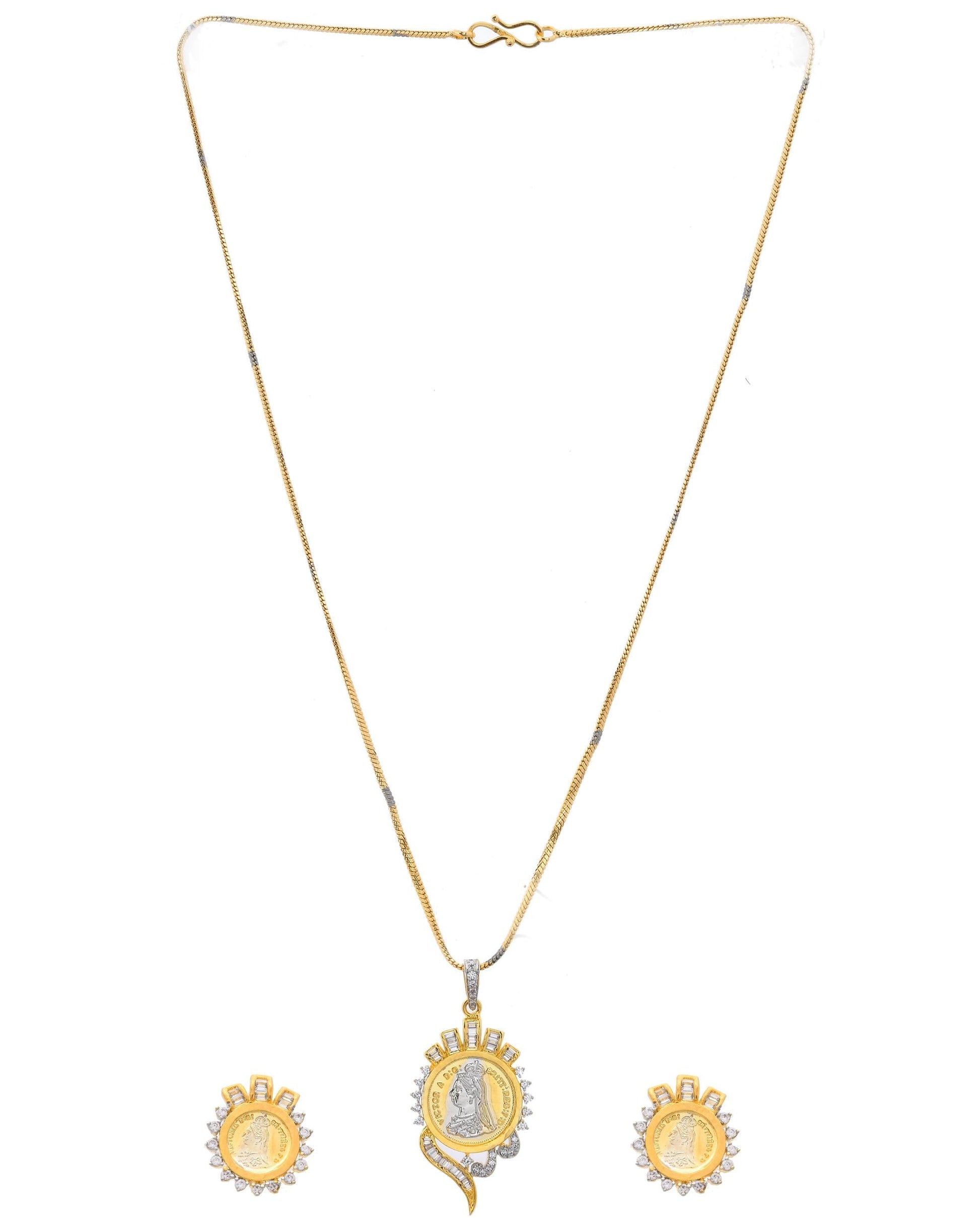 VOJ Dual Toned Ad-Studded Gold-Polished Coin Chain Set VOJ (Valley Of Jewellery)