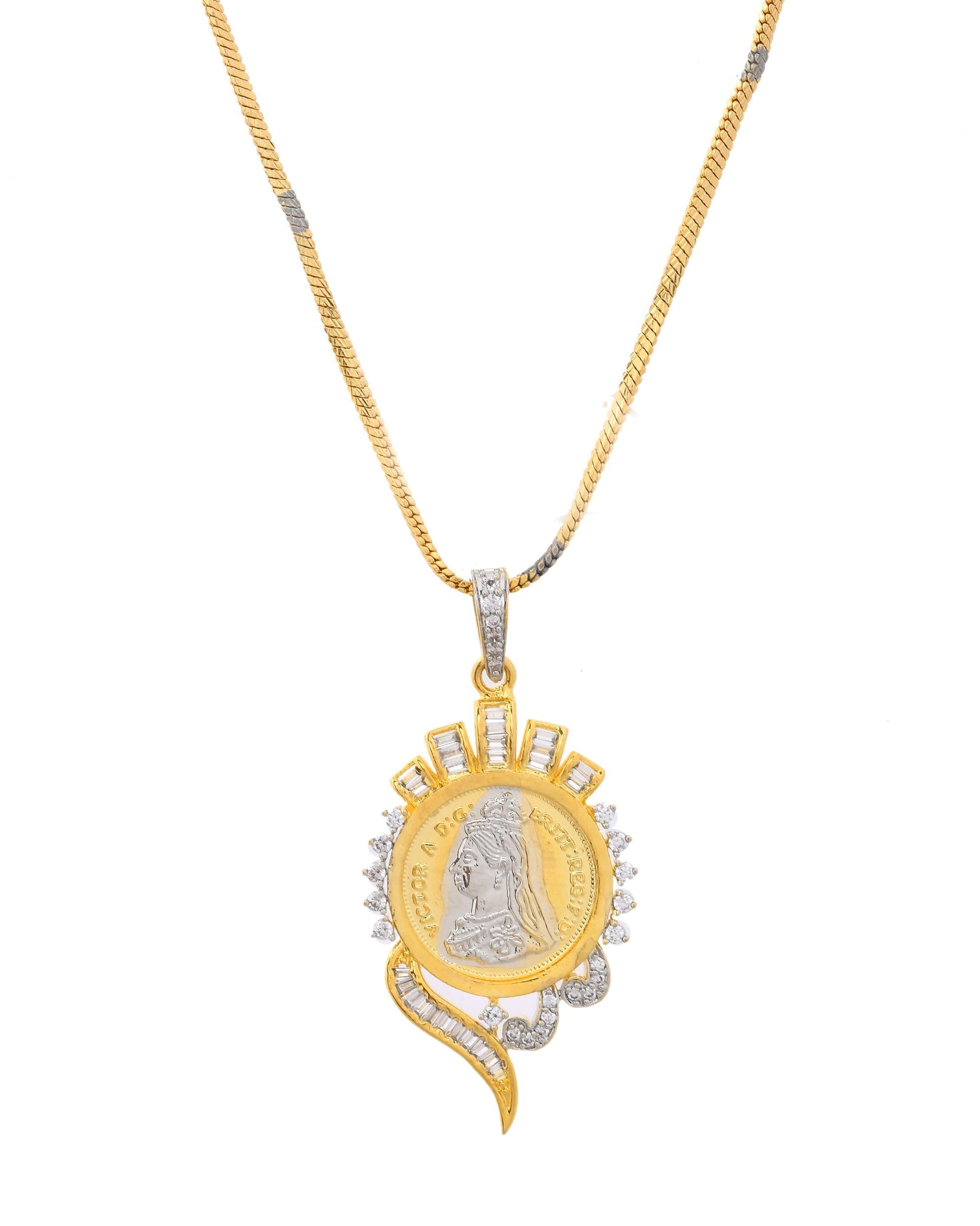 VOJ Dual Toned Ad-Studded Gold-Polished Coin Chain Set VOJ (Valley Of Jewellery)