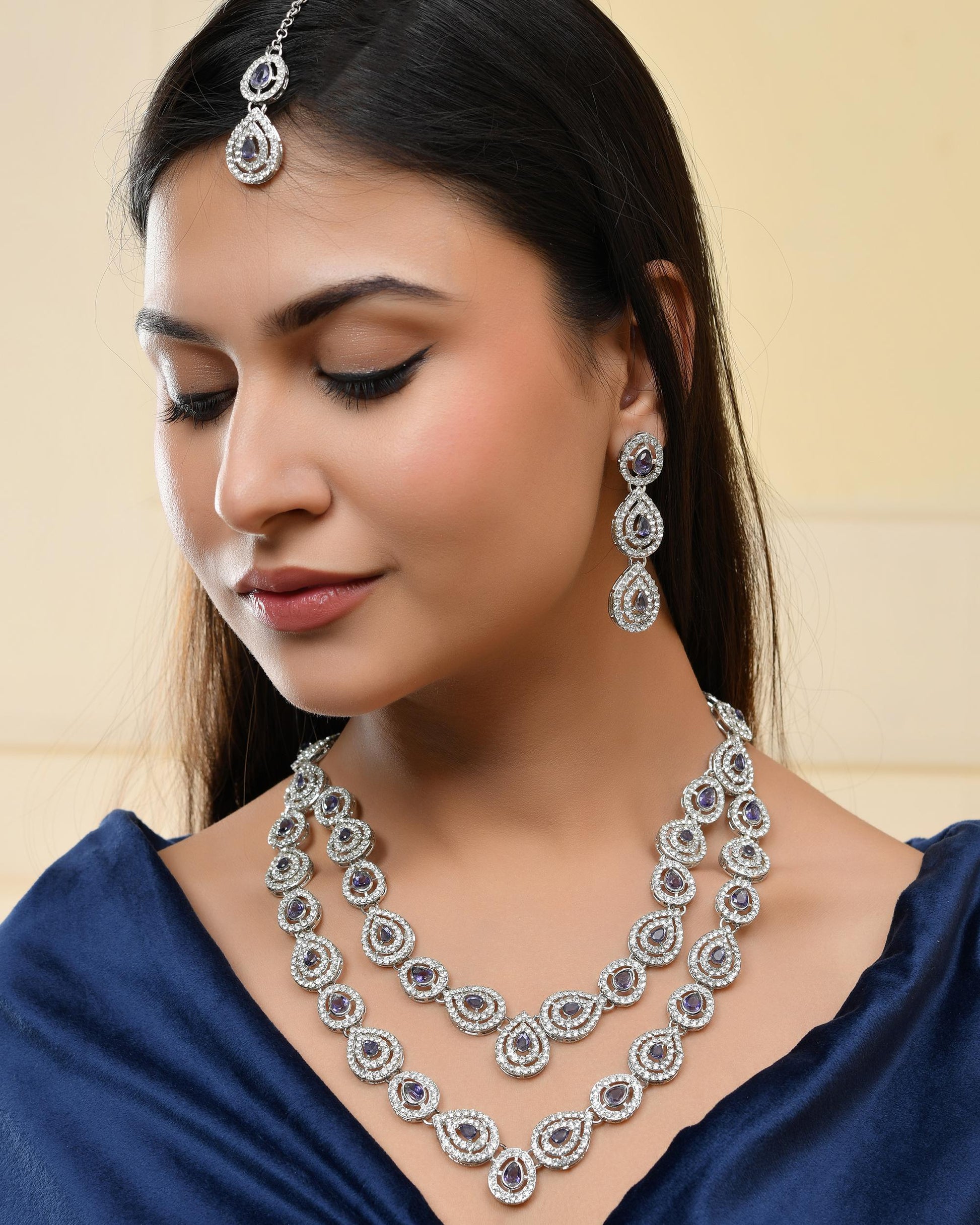 VOJ Silver Plated Stainless Steel American Diamond Studded Jewellery Set VOJ (Valley Of Jewellery)