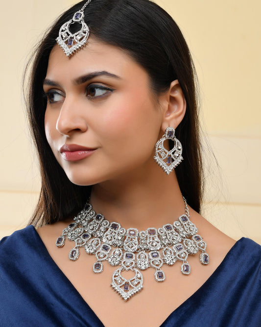 VOJ Silver-Plated American Diamond-Studded Jewellery Set VOJ (Valley Of Jewellery)