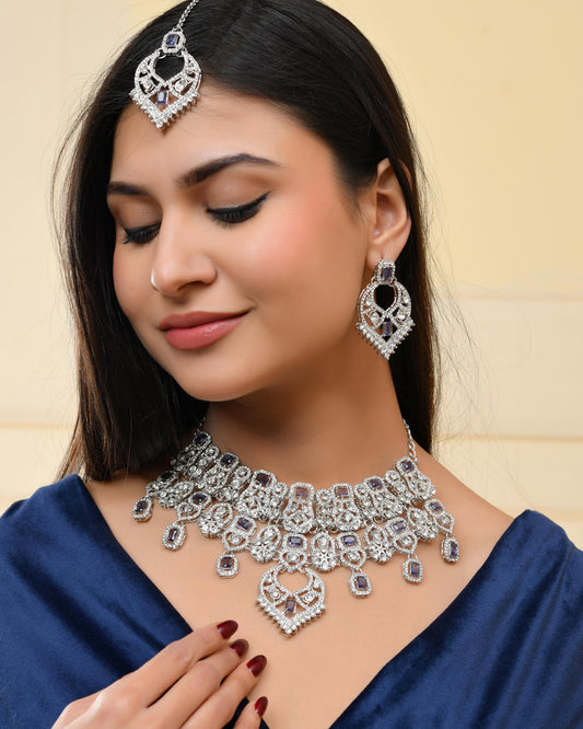 VOJ Silver-Plated American Diamond-Studded Jewellery Set VOJ (Valley Of Jewellery)