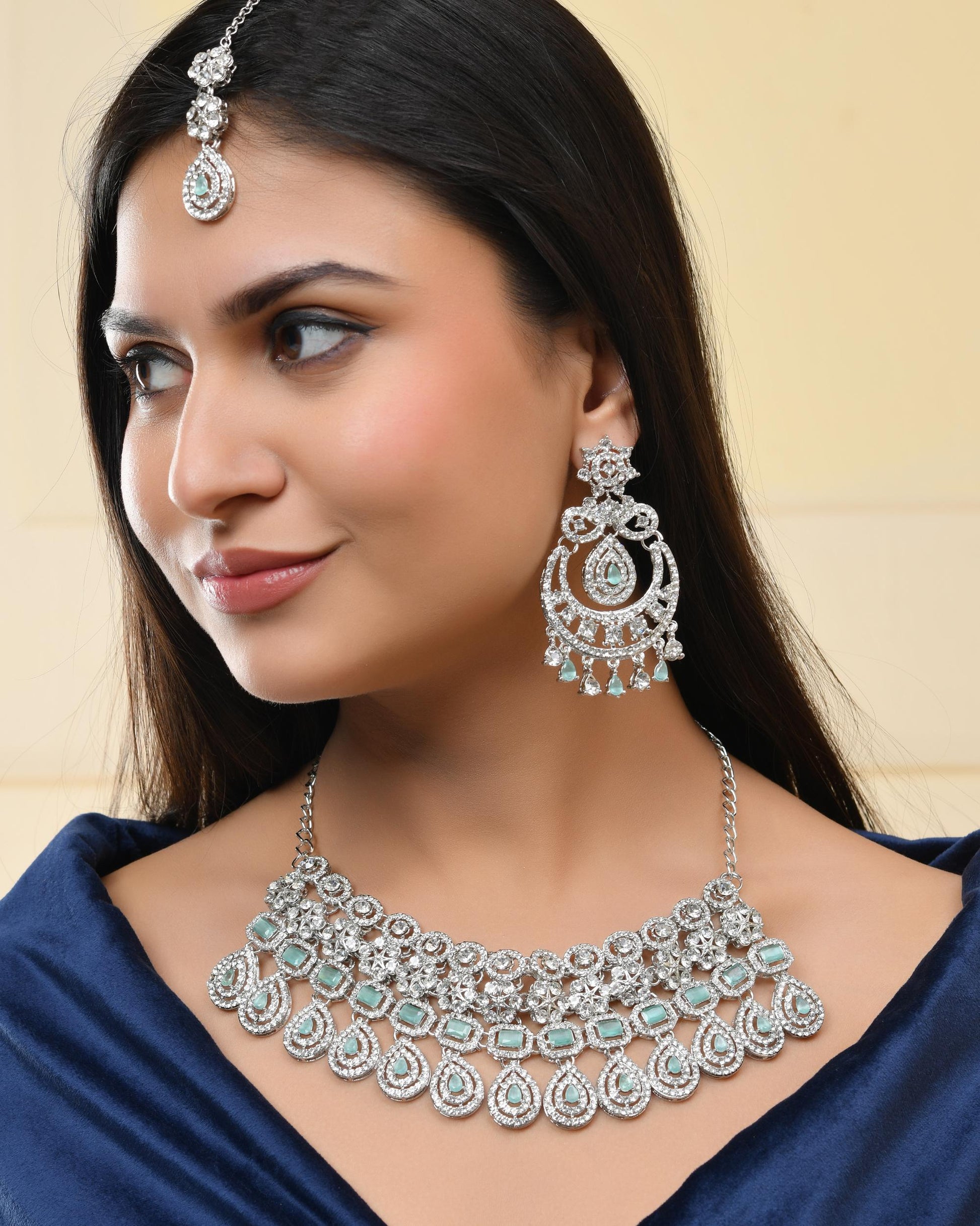 VOJ Silver-Plated American Diamond Studded Jewellery Set VOJ (Valley Of Jewellery)