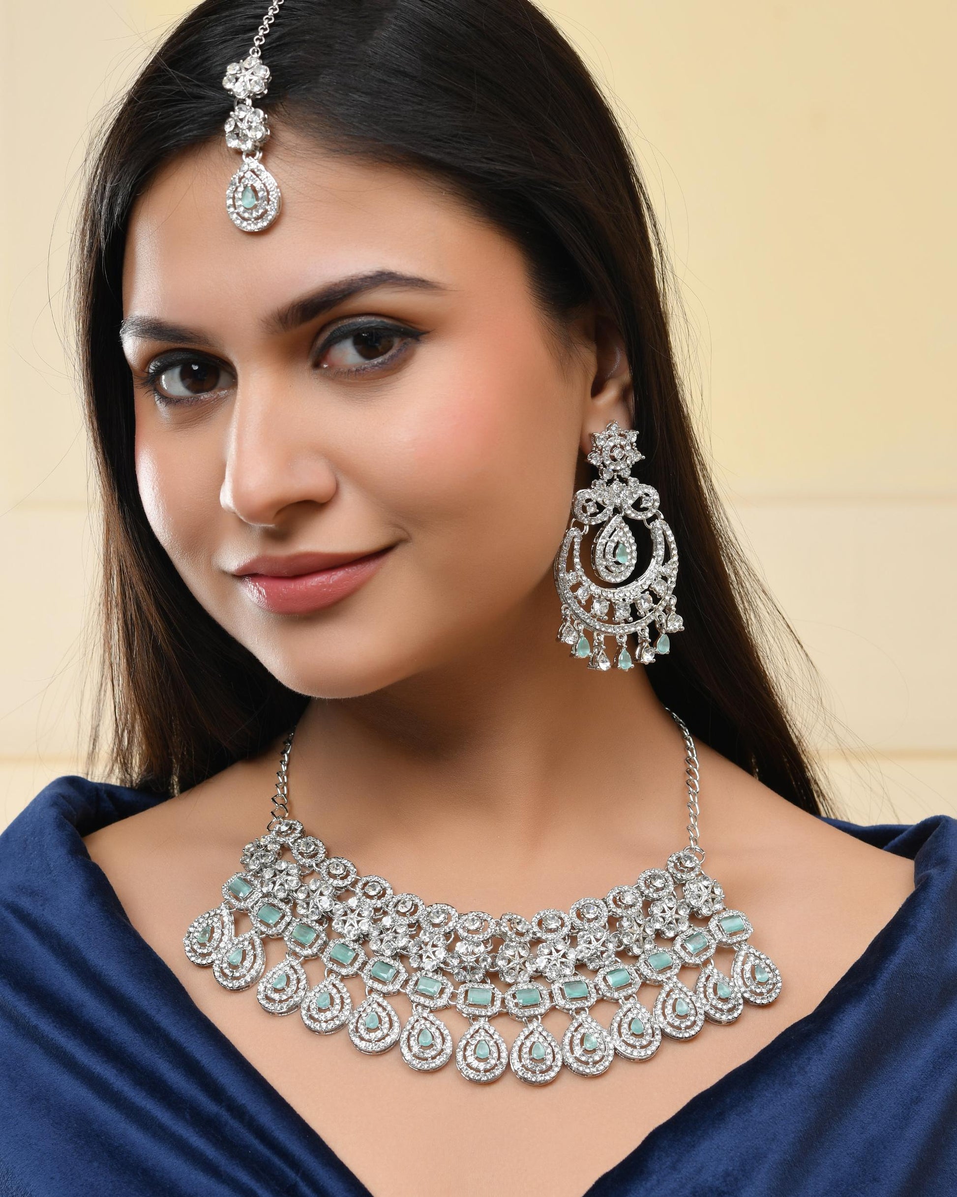 VOJ Silver-Plated American Diamond Studded Jewellery Set VOJ (Valley Of Jewellery)