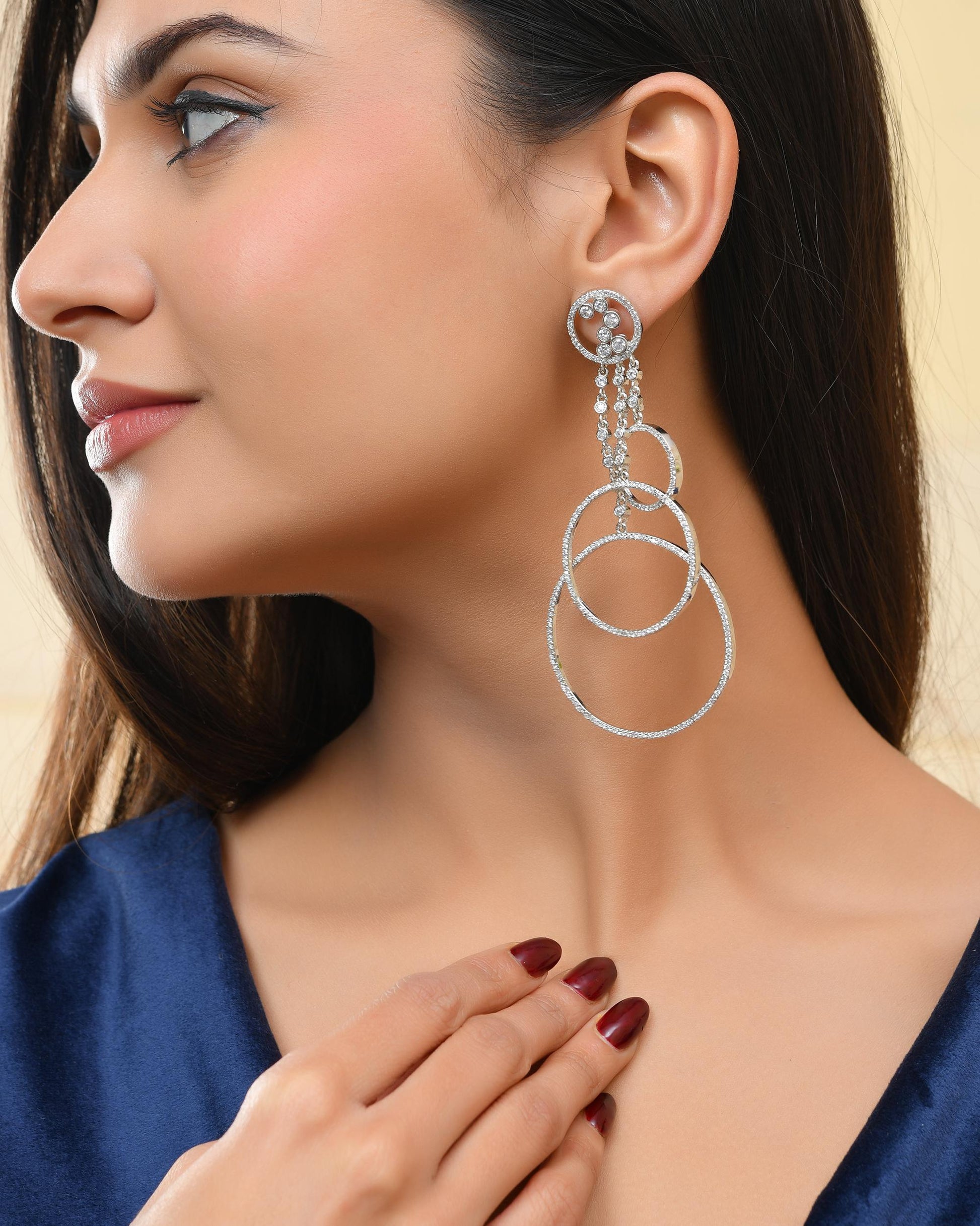 VOJ Silver Plated Ad Stone Studded Crescent Shaped Long Drop Earrings VOJ (Valley Of Jewellery)