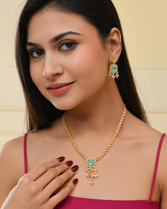 VOJ Gold-Polished Ad-Studded Sea Green Stone Jewellery Set VOJ (Valley Of Jewellery)