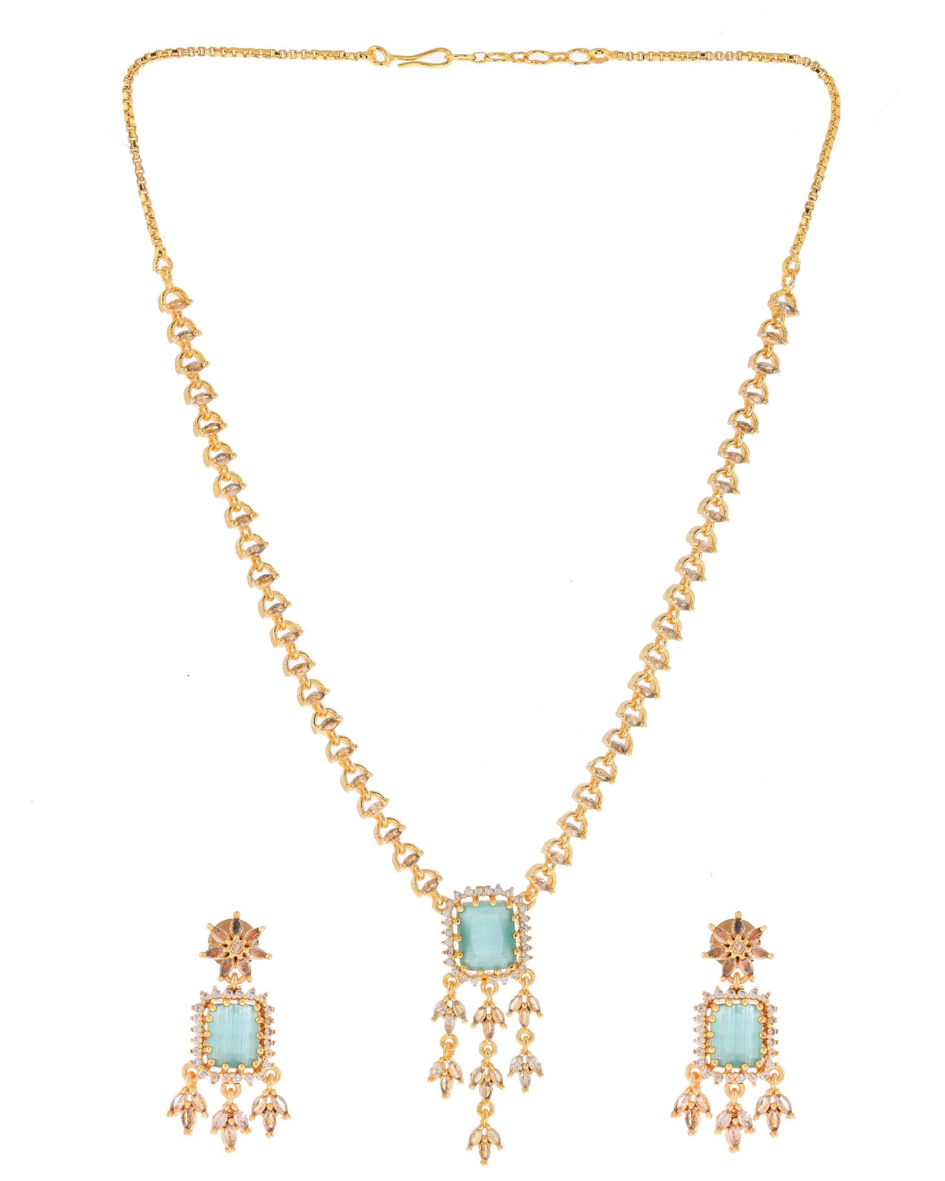 VOJ Gold-Polished Ad-Studded Sea Green Stone Jewellery Set VOJ (Valley Of Jewellery)