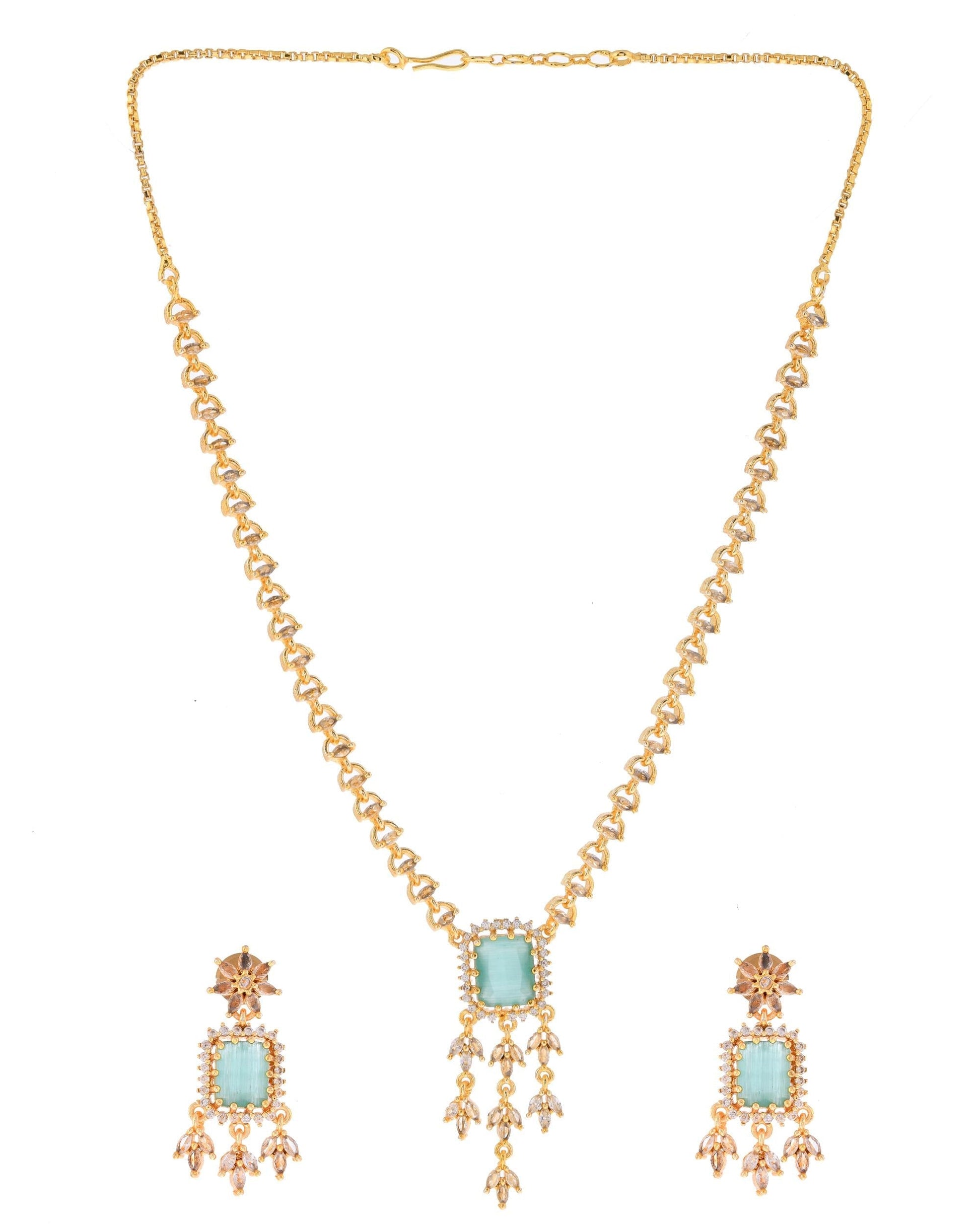 VOJ Gold-Polished Ad-Studded Sea Green Stone Jewellery Set - Swadesiicart