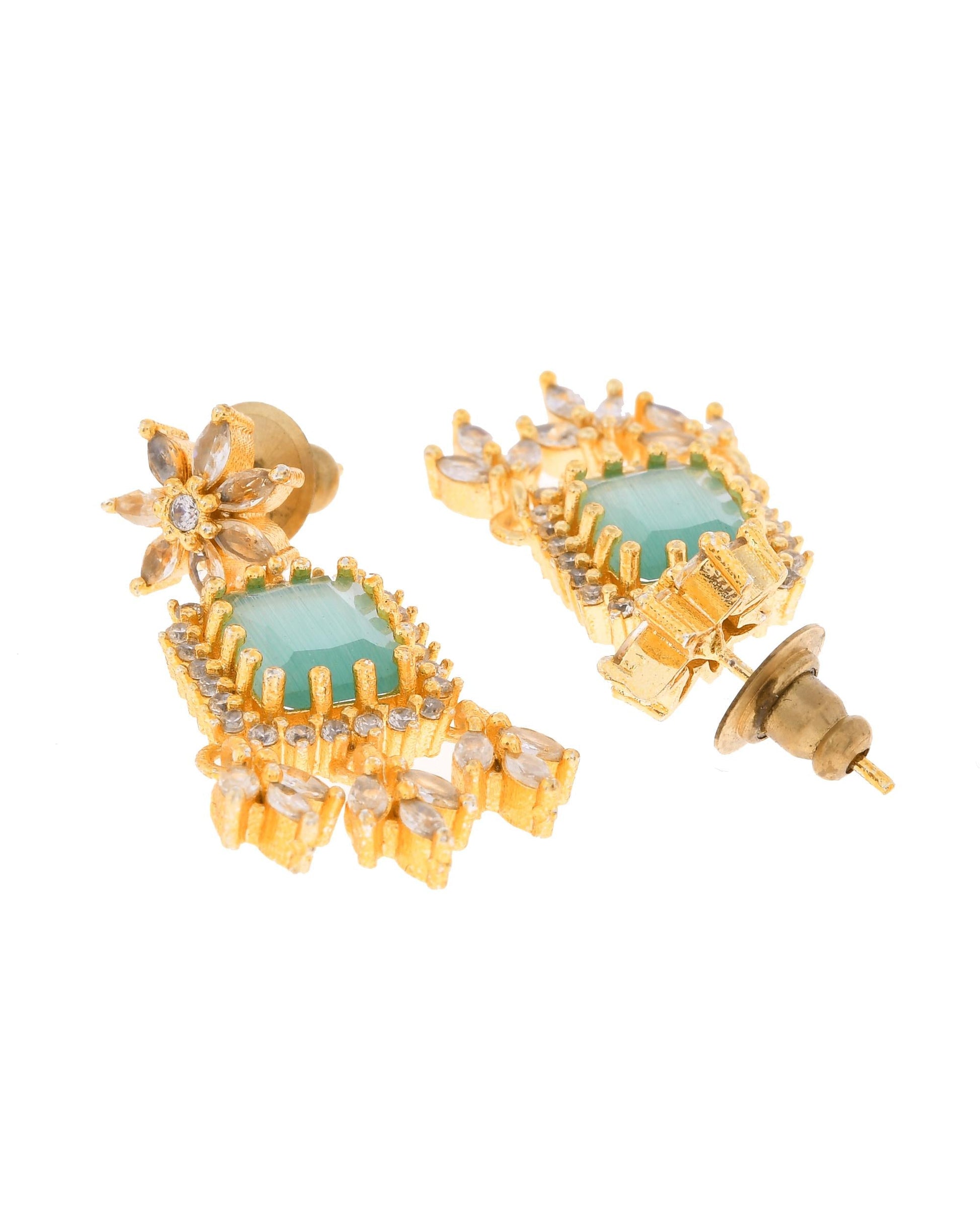 VOJ Gold-Polished Ad-Studded Sea Green Stone Jewellery Set VOJ (Valley Of Jewellery)