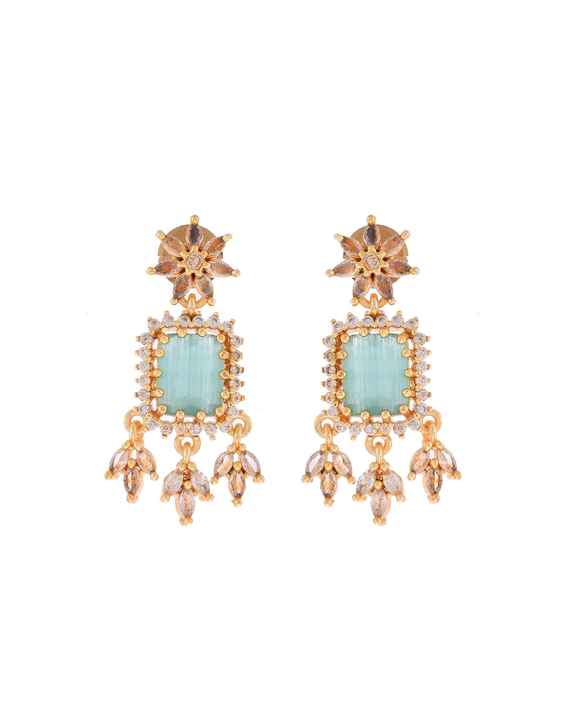 VOJ Gold-Polished Ad-Studded Sea Green Stone Jewellery Set VOJ (Valley Of Jewellery)