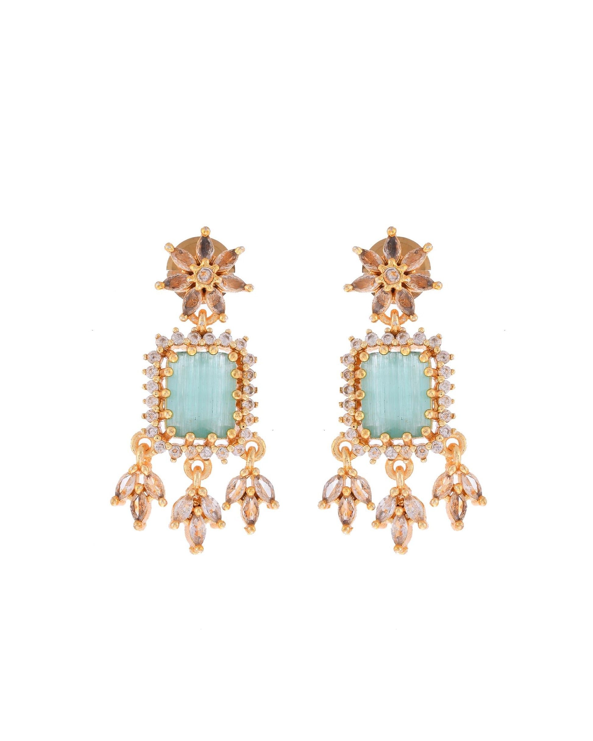 VOJ Gold-Polished Ad-Studded Sea Green Stone Jewellery Set - Swadesiicart
