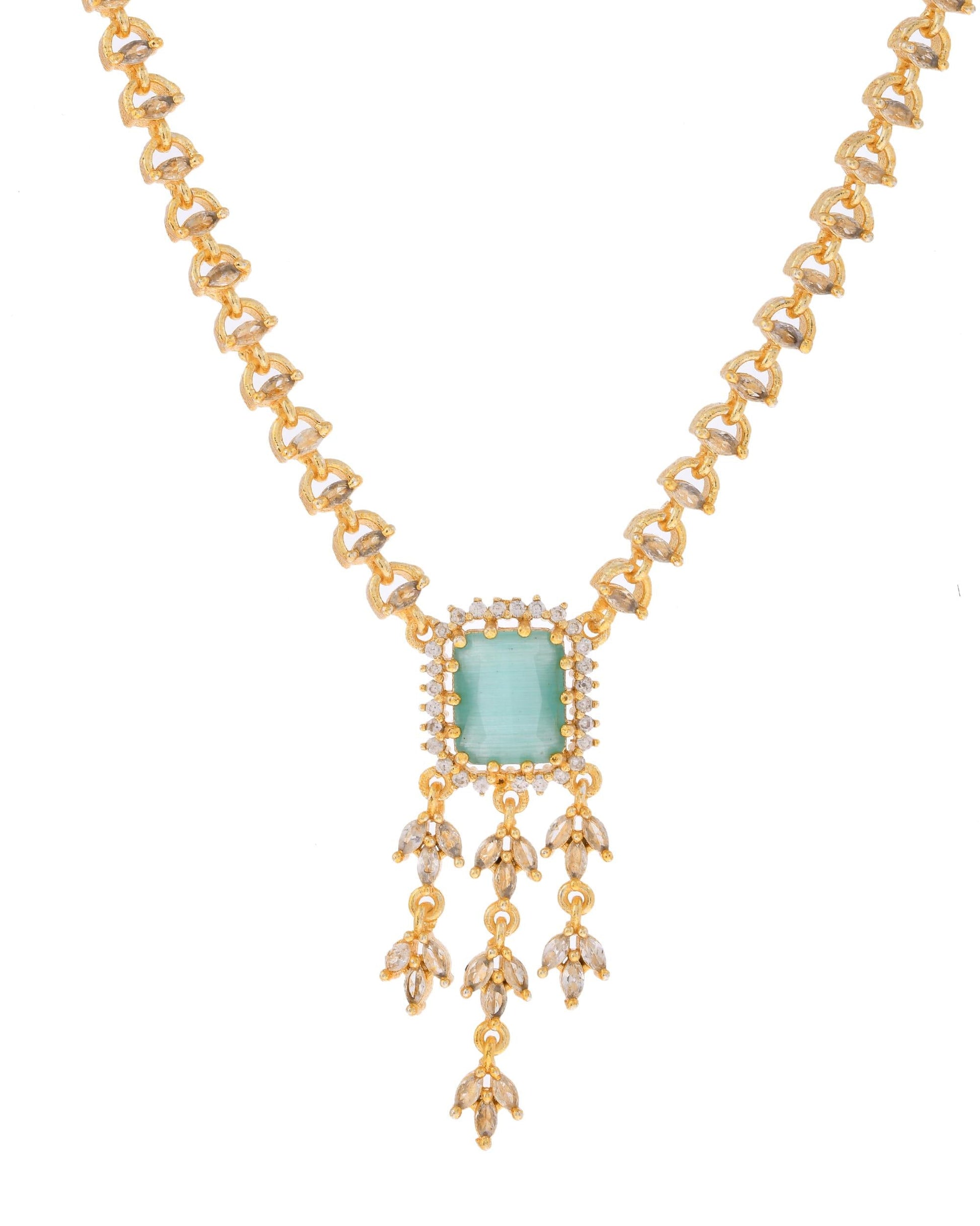 VOJ Gold-Polished Ad-Studded Sea Green Stone Jewellery Set VOJ (Valley Of Jewellery)