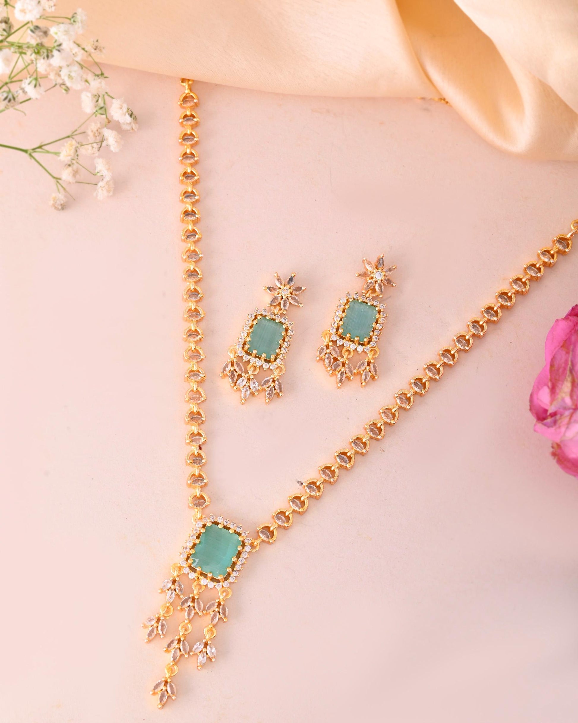 VOJ Gold-Polished Ad-Studded Sea Green Stone Jewellery Set VOJ (Valley Of Jewellery)