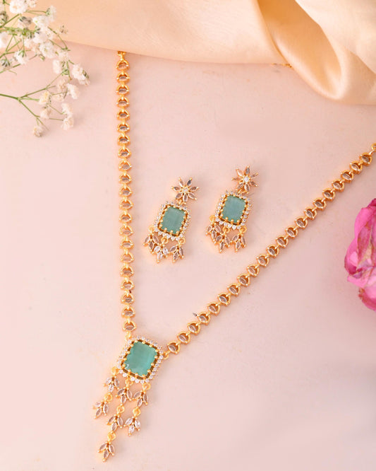 VOJ Gold-Polished Ad-Studded Sea Green Stone Jewellery Set VOJ (Valley Of Jewellery)