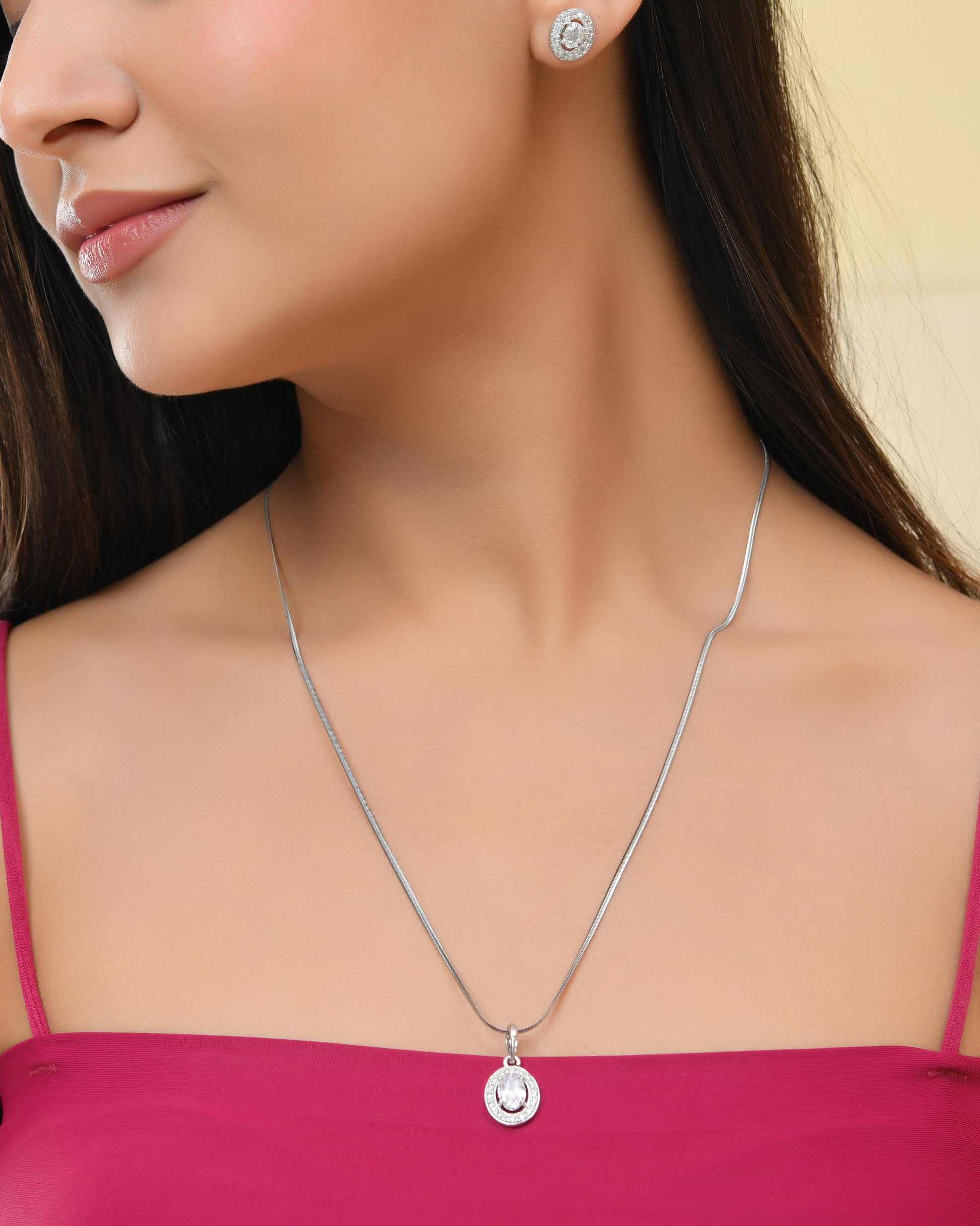 VOJ Silver Plated Ad-Studded Pendant With Chain And Earrings Set VOJ (Valley Of Jewellery)