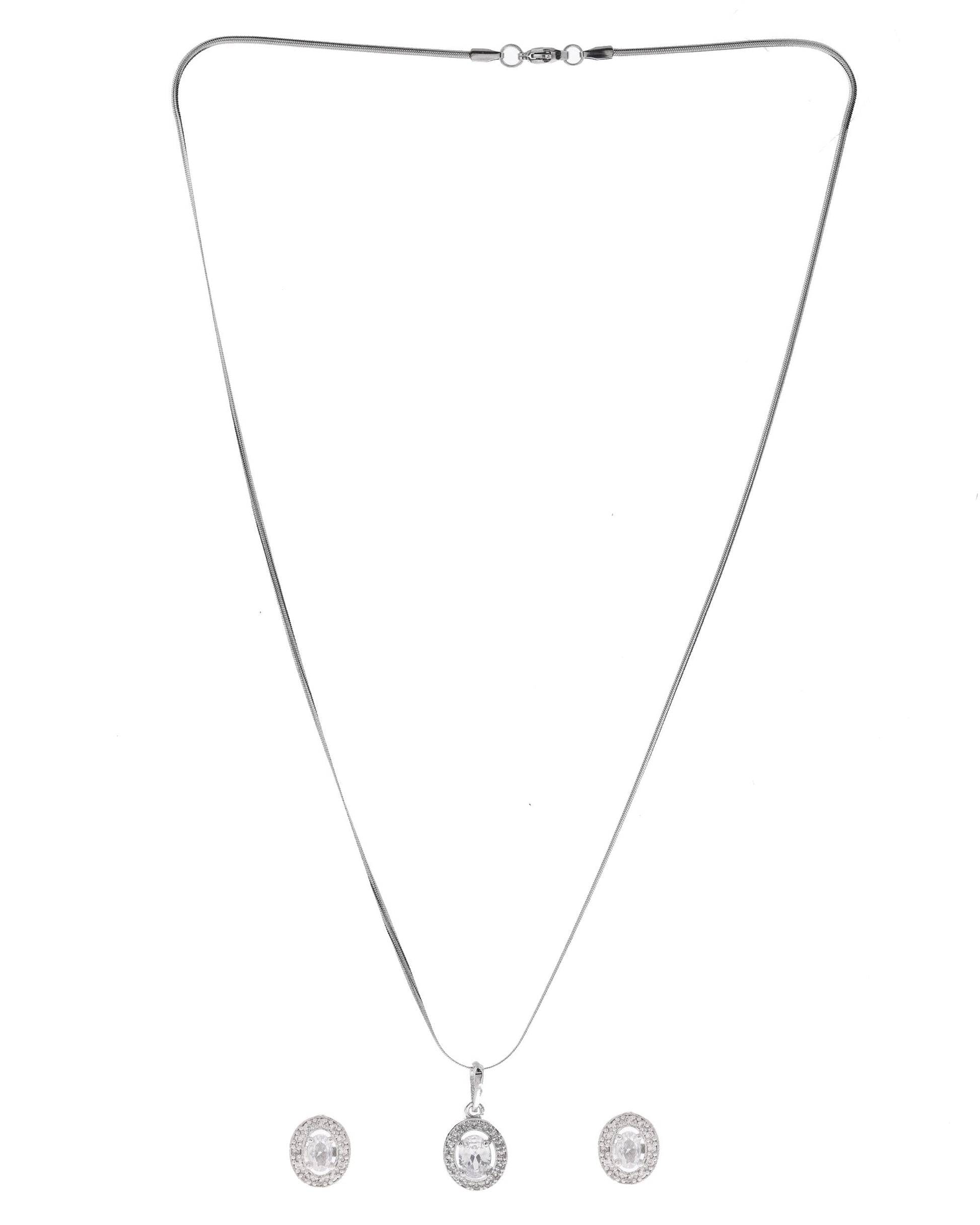 VOJ Silver Plated Ad-Studded Pendant With Chain And Earrings Set VOJ (Valley Of Jewellery)