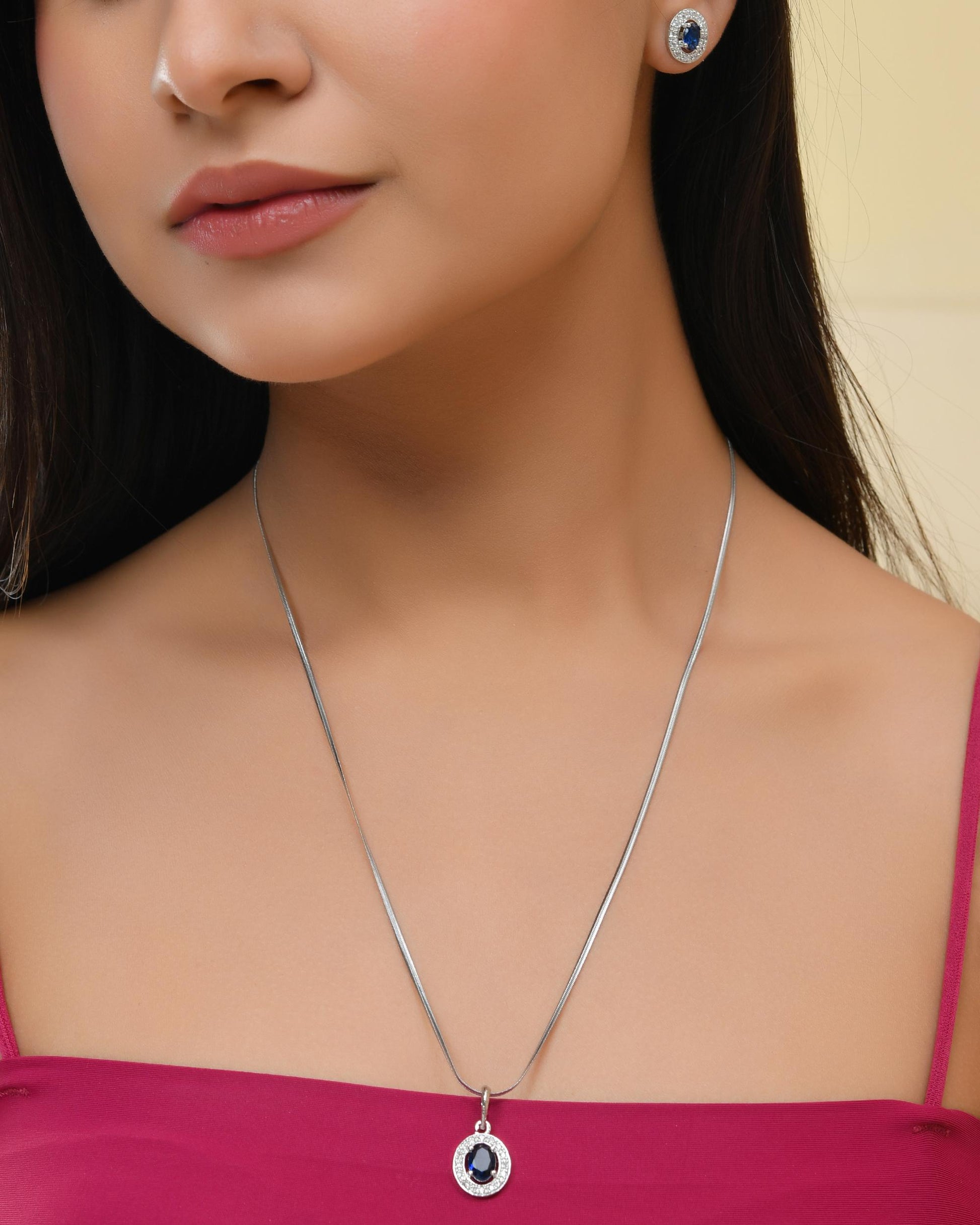 VOJ Silver Plated Blue Ad-Studded Pendant With Chain And Earrings Set VOJ (Valley Of Jewellery)