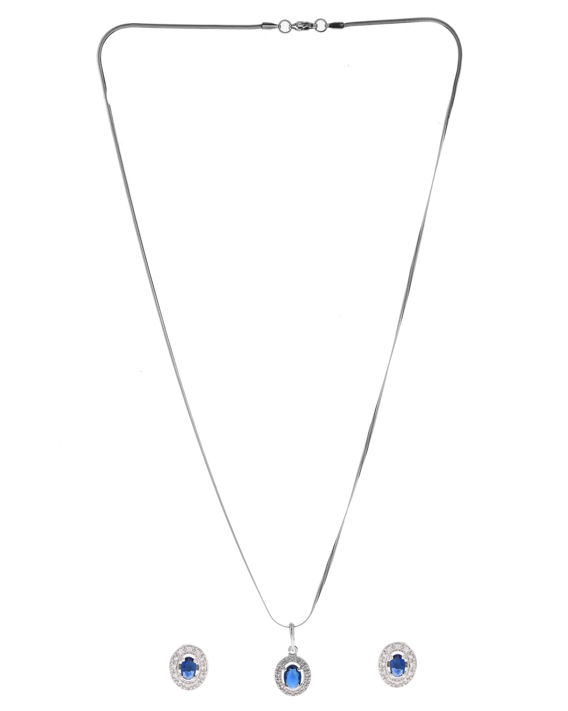 VOJ Silver Plated Blue Ad-Studded Pendant With Chain And Earrings Set VOJ (Valley Of Jewellery)
