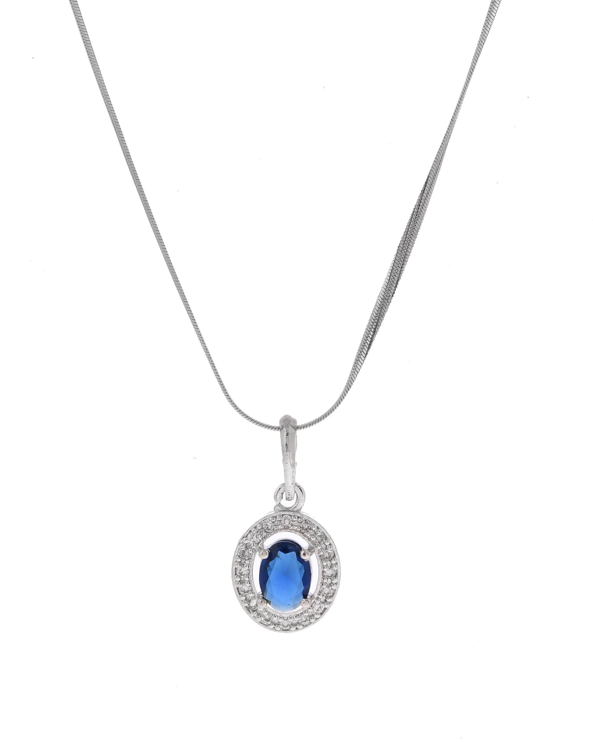 VOJ Silver Plated Blue Ad-Studded Pendant With Chain And Earrings Set VOJ (Valley Of Jewellery)