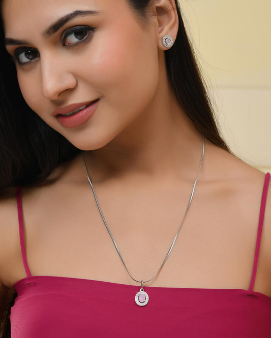 VOJ Silver Plated Pink Ad-Studded Pendant With Chain And Earrings Set VOJ (Valley Of Jewellery)