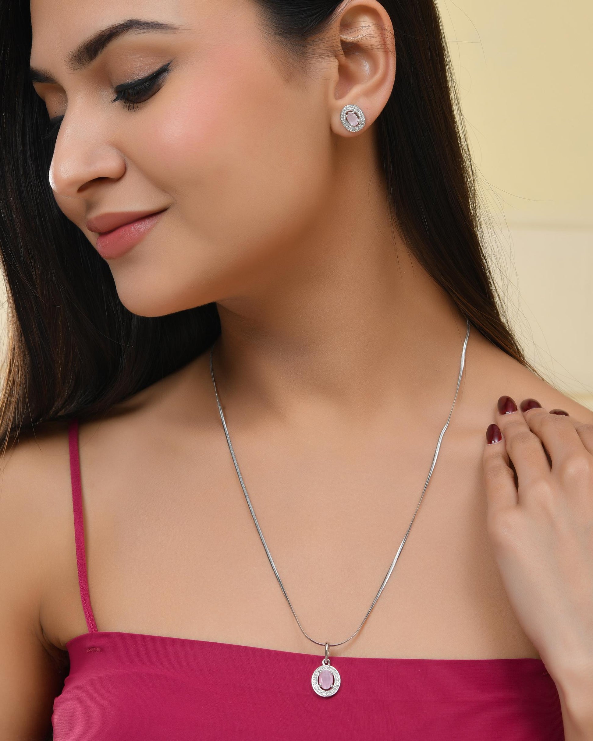 VOJ Silver Plated Pink Ad-Studded Pendant With Chain And Earrings Set VOJ (Valley Of Jewellery)