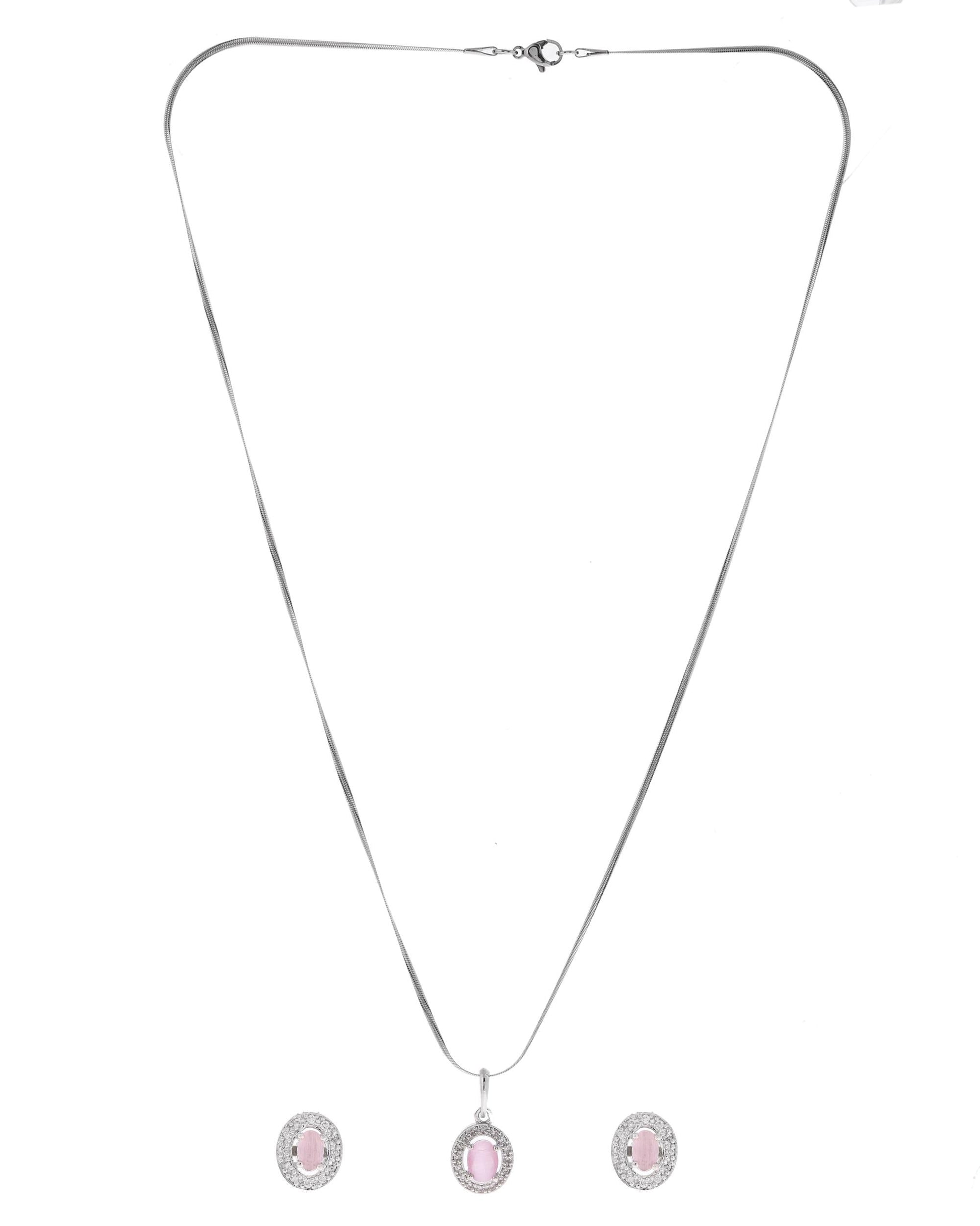 VOJ Silver Plated Pink Ad-Studded Pendant With Chain And Earrings Set VOJ (Valley Of Jewellery)