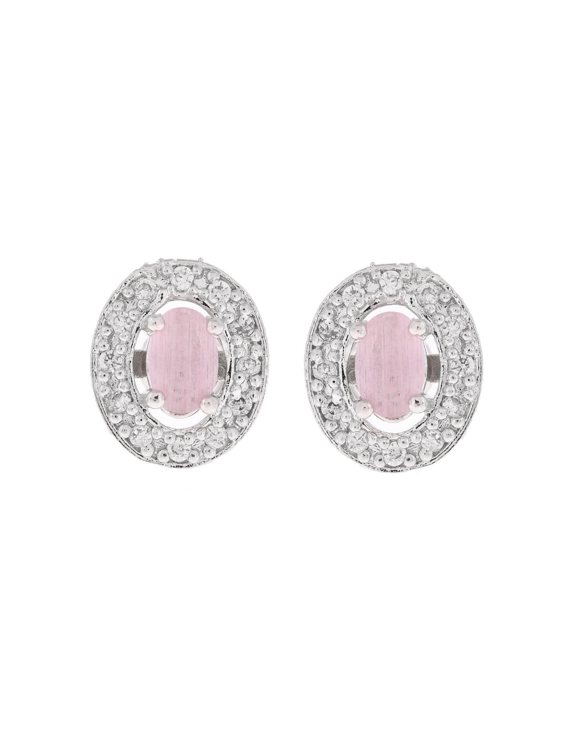 VOJ Silver Plated Pink Ad-Studded Pendant With Chain And Earrings Set VOJ (Valley Of Jewellery)